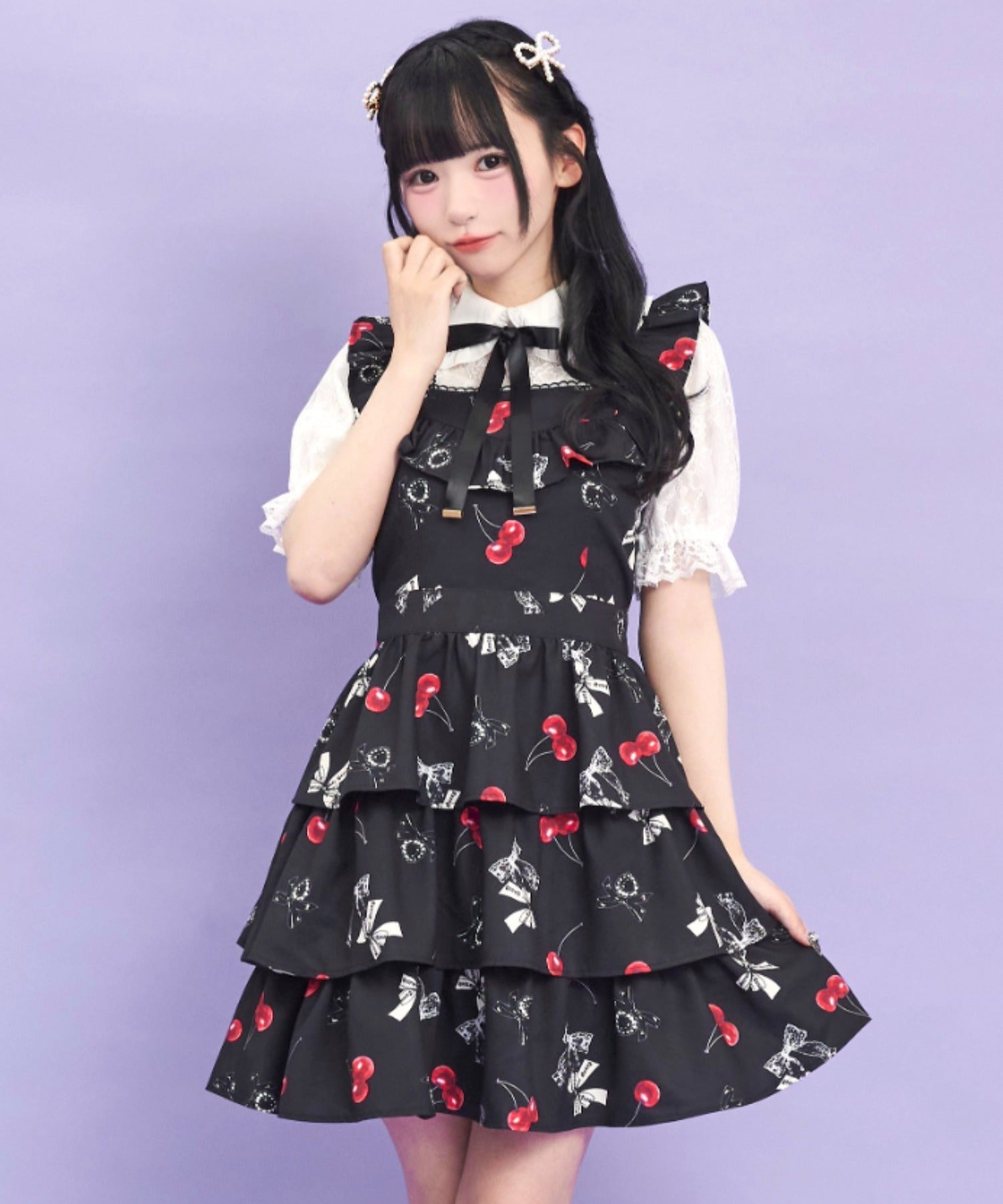 シークレットハニー Secret Honey リボン×チェリープリントワンピース （クロ） クロ