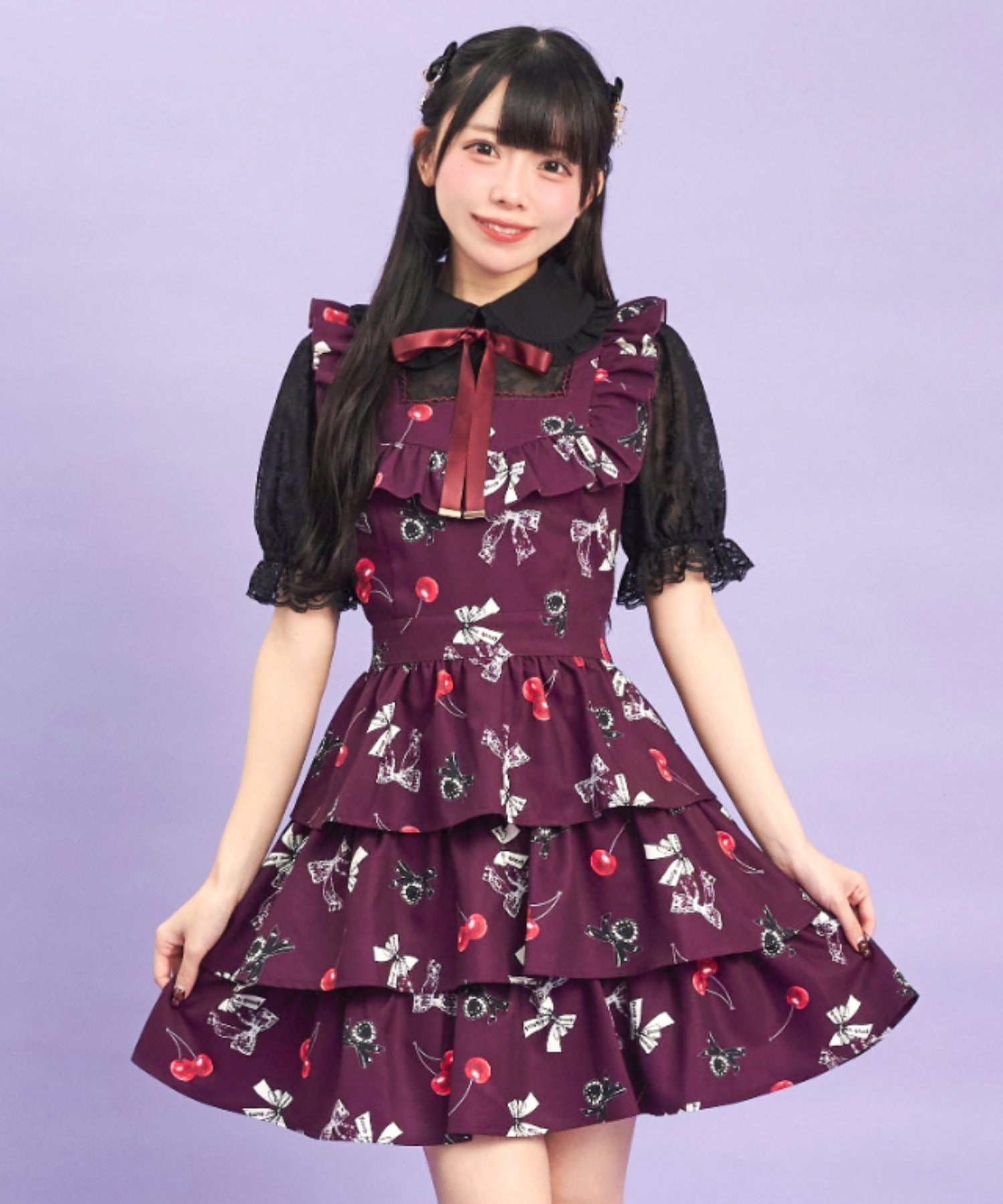 シークレットハニー Secret Honey リボン×チェリープリントワンピース （ワイン） ワイン