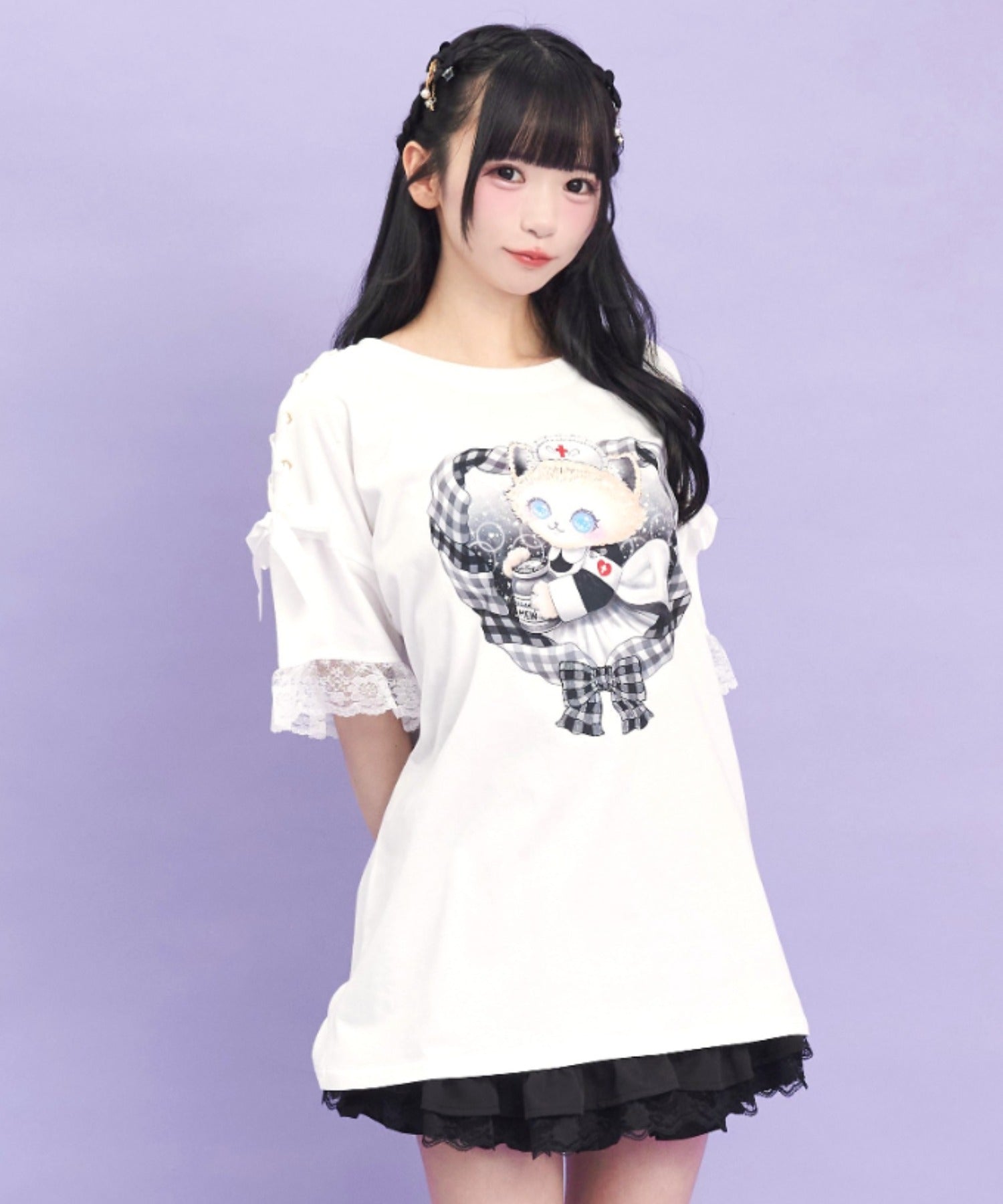 シークレットハニー Secret Honey 肩レースアップオリジナルプリントTシャツ （ホワイト） ホワイト