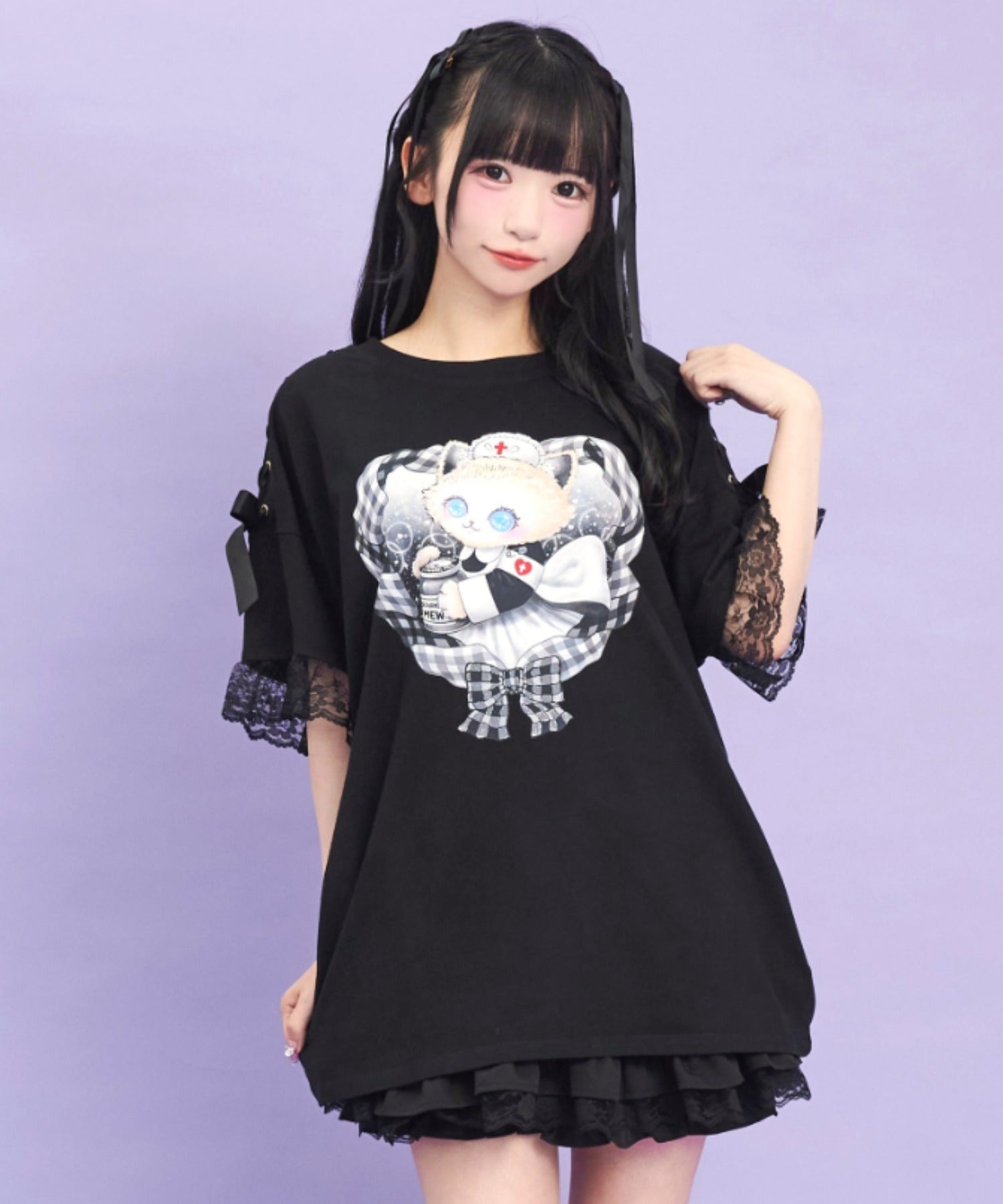 シークレットハニー Secret Honey 肩レースアップオリジナルプリントTシャツ （クロ） クロ