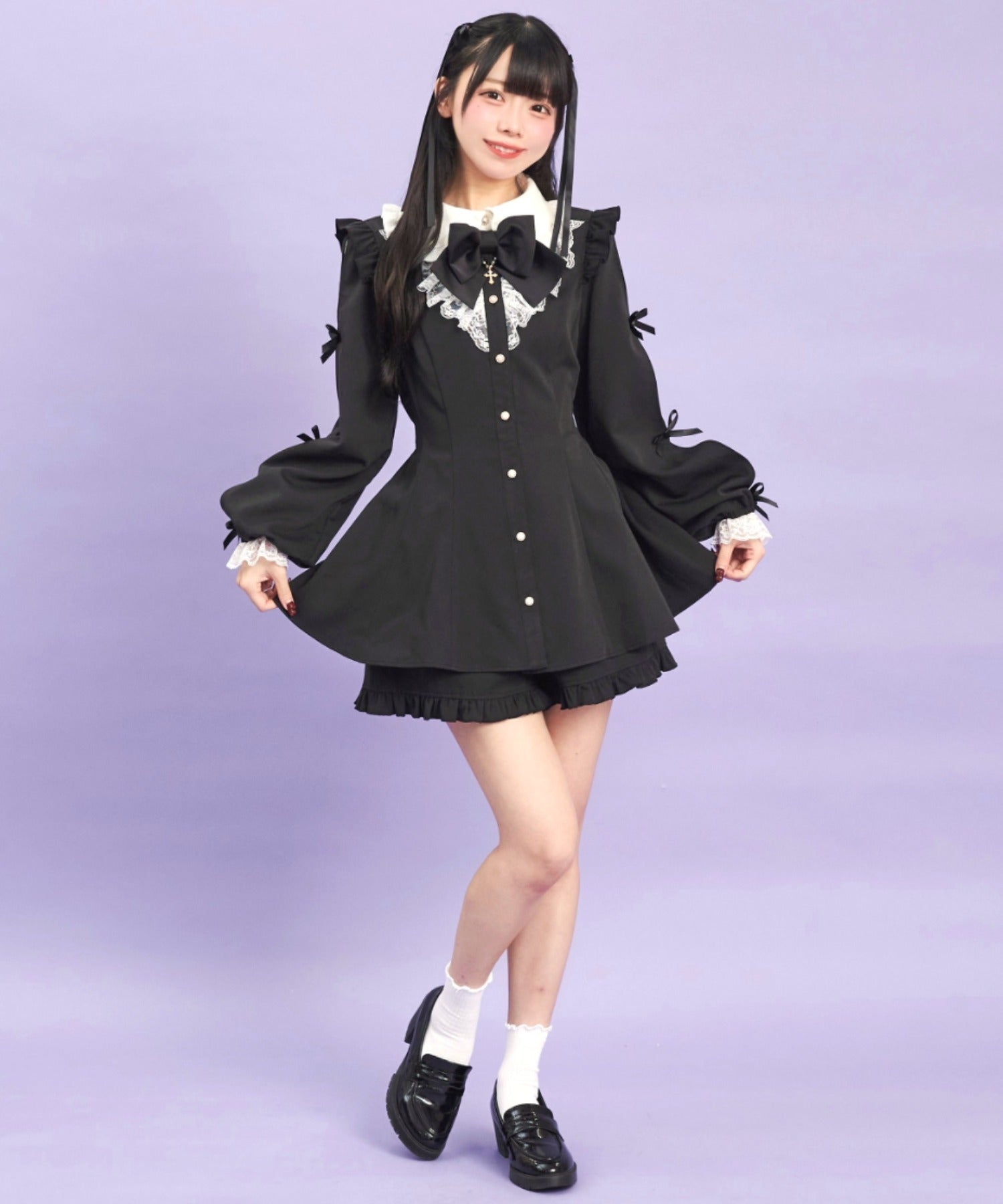 シークレットハニー Secret Honey 袖スリットレースフリルセットアップ （クロ） クロ