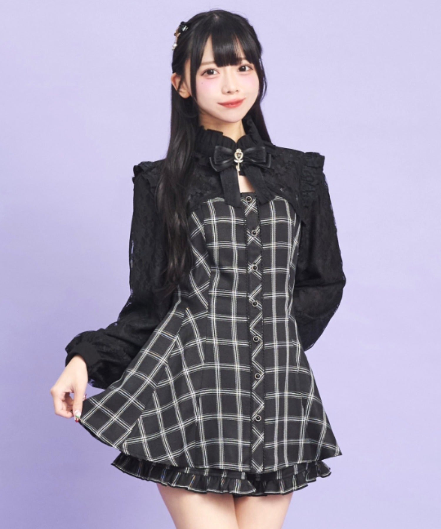 シークレットハニー Secret Honey 袖レース＆ボレロ風長袖セットアップ （チェッククロ） チェッククロ