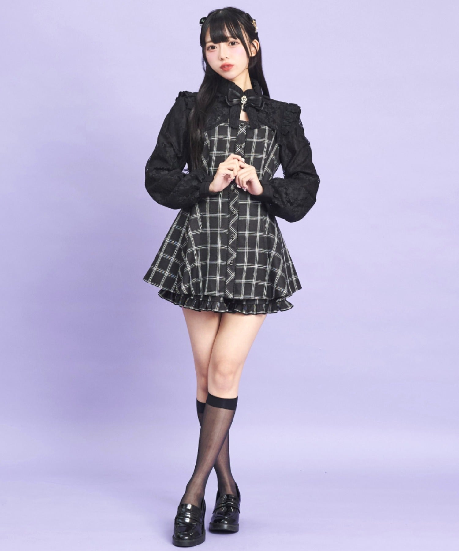 シークレットハニー Secret Honey 袖レース＆ボレロ風長袖セットアップ （チェッククロ） チェッククロ