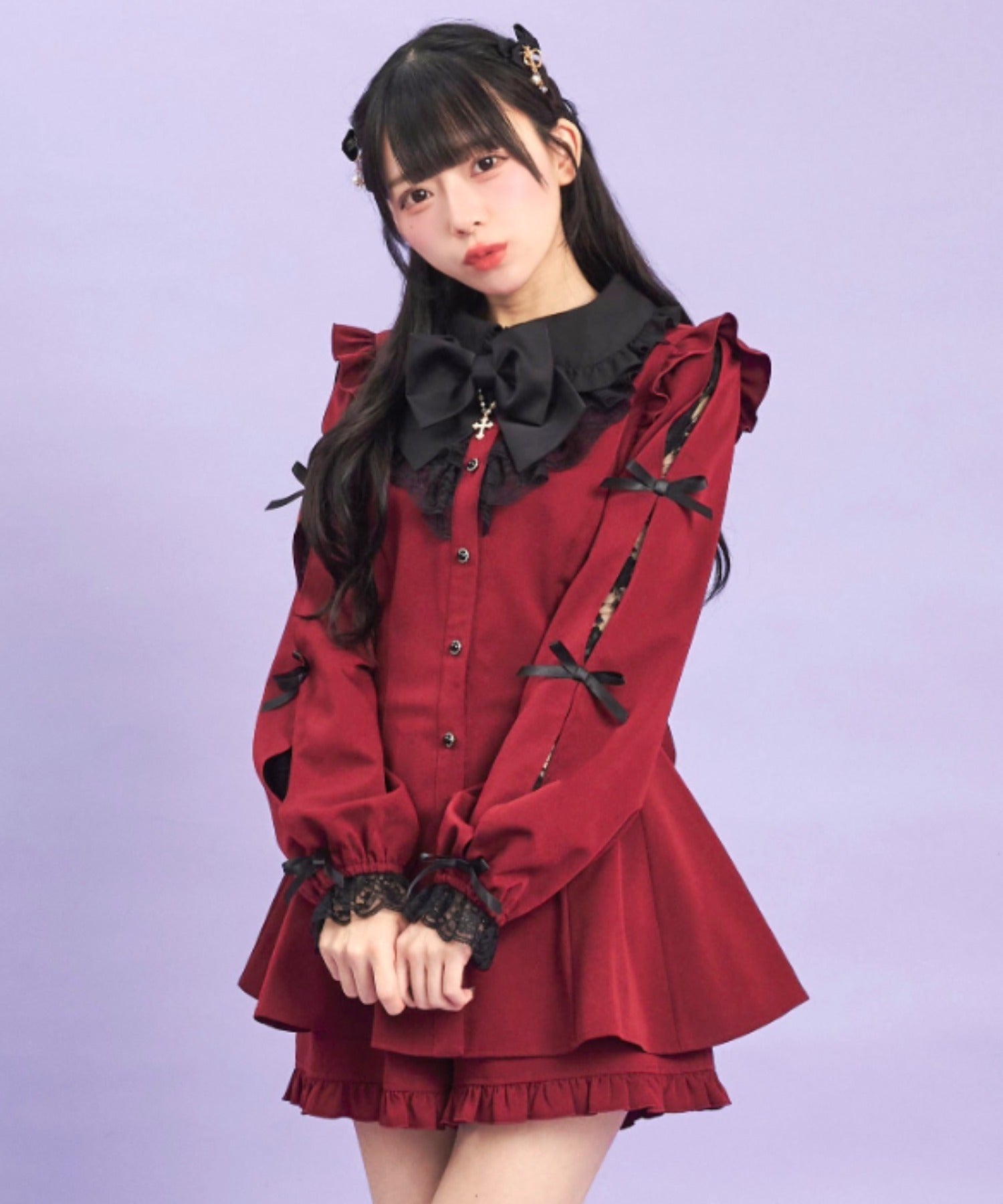 シークレットハニー Secret Honey 袖スリットレースフリルセットアップ （ワイン） ワイン