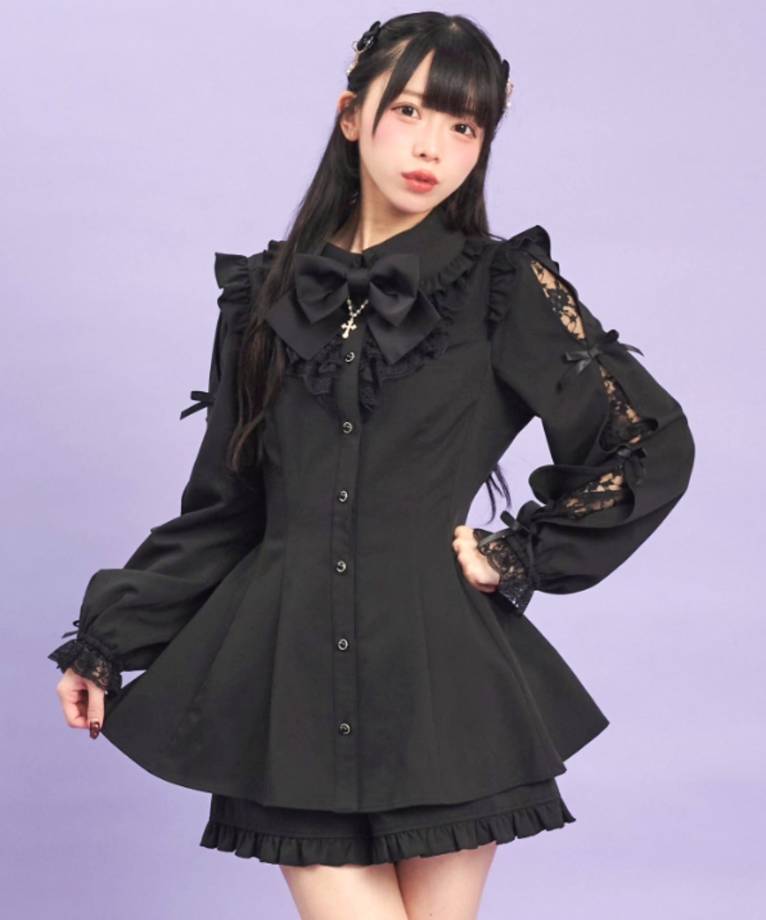 シークレットハニー Secret Honey 袖スリットレースフリルセットアップ （ブラック） ブラック