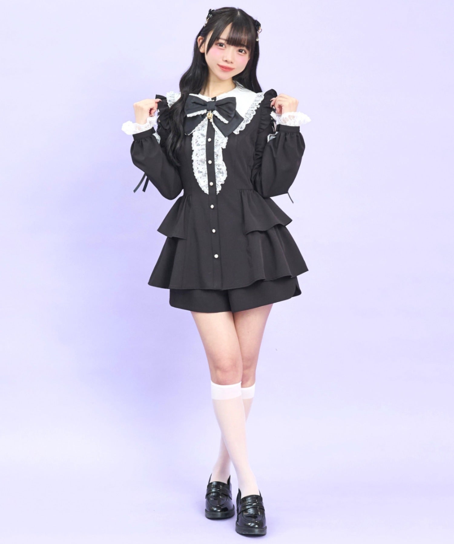 シークレットハニー Secret Honey ロングポイントカラーショルダーレースアップセットアップ （クロ） クロ