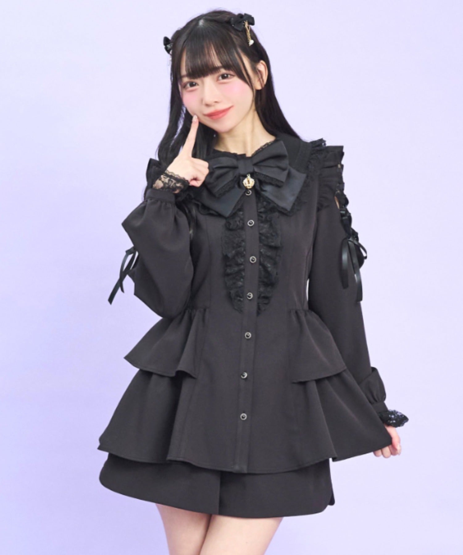 シークレットハニー Secret Honey ロングポイントカラーショルダーレースアップセットアップ （ブラック） ブラック