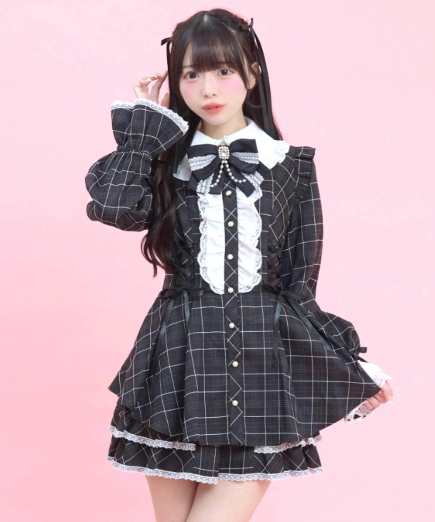 シークレットハニー Secret Honey サイドレースアップティアードスリーブセットアップ （チェッククロ） チェッククロ