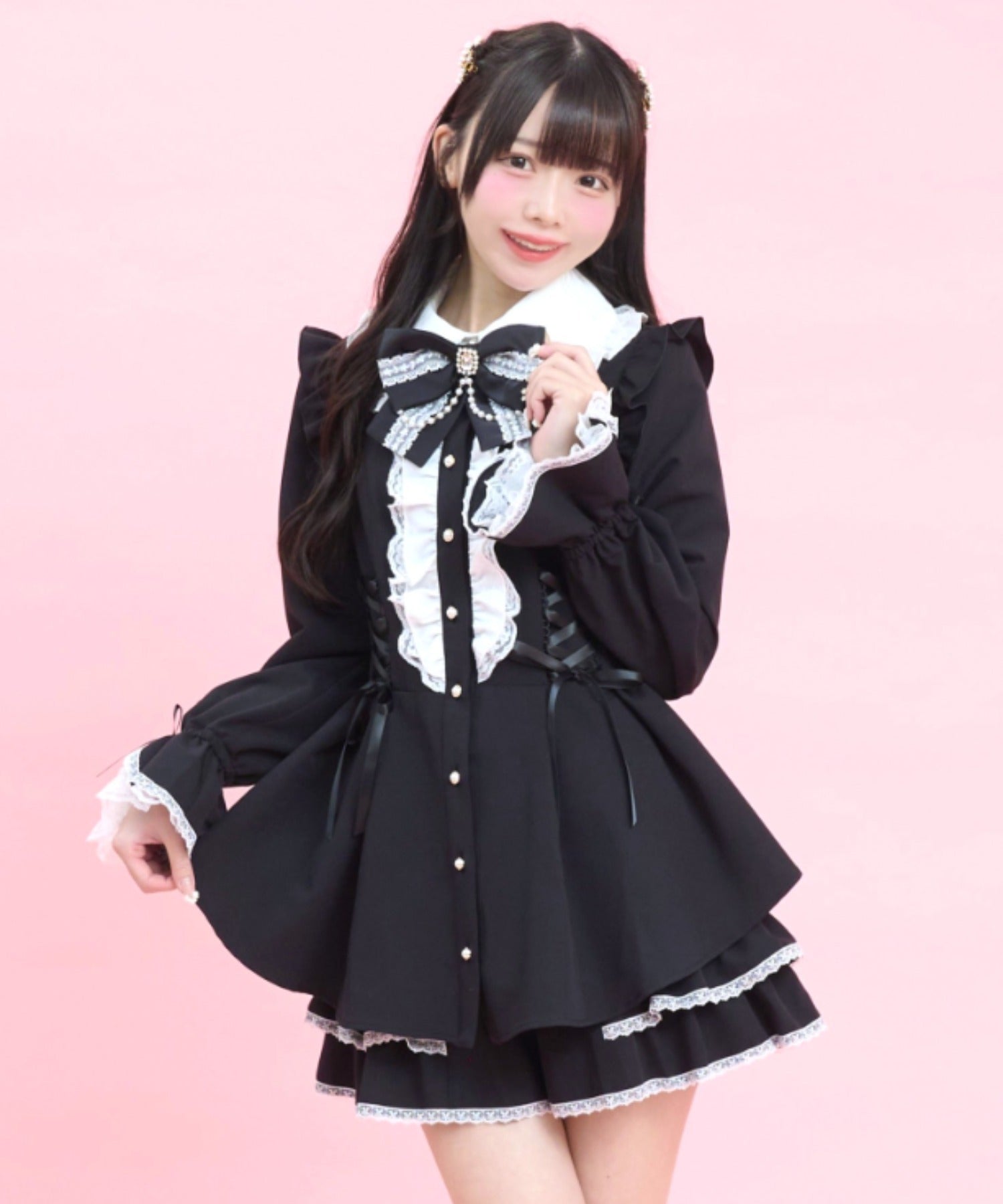 シークレットハニー Secret Honey サイドレースアップティアードスリーブセットアップ （クロ） クロ
