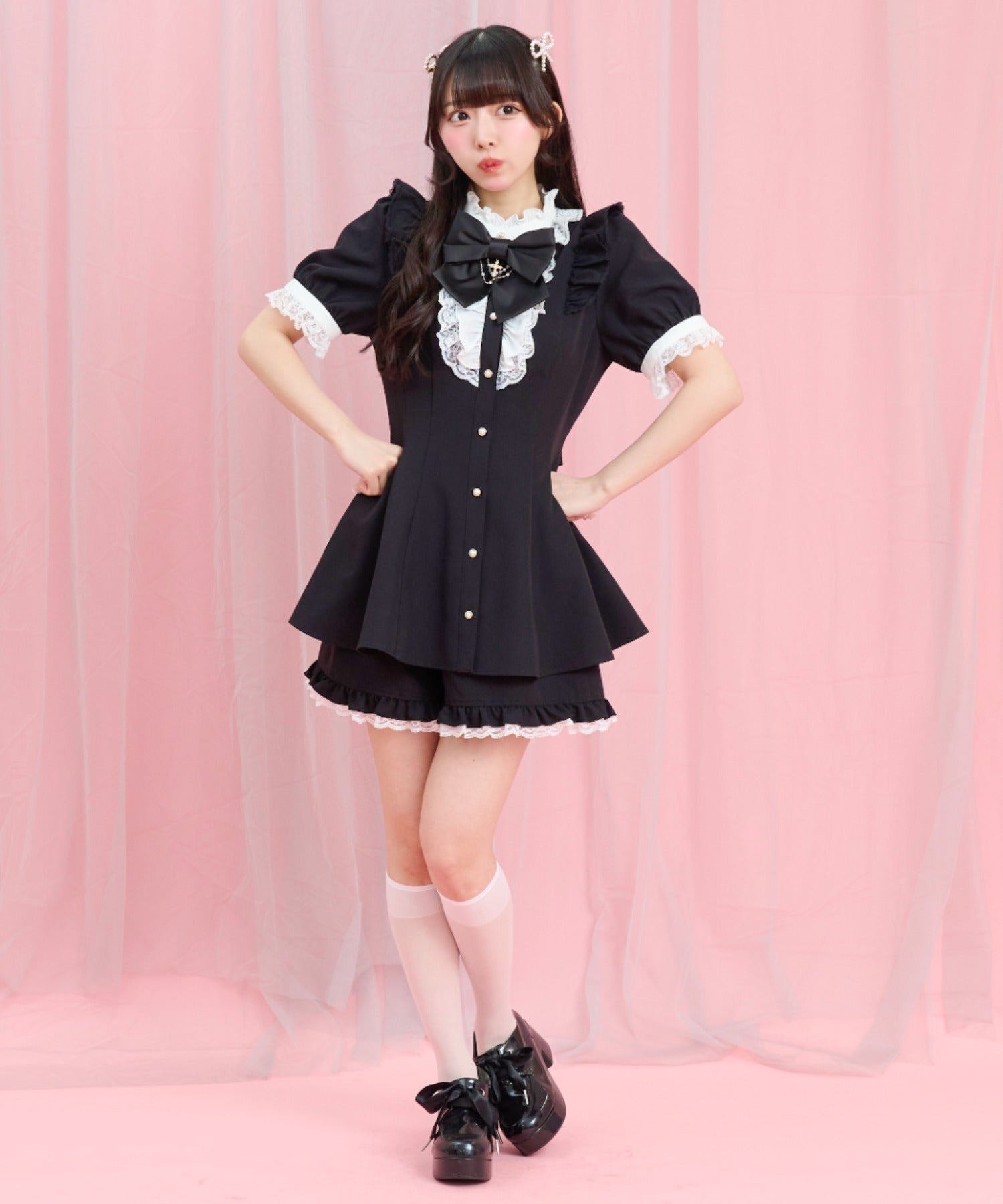 シークレットハニー Secret Honey アクセサリーリボンレースフリル半袖セットアップ （クロ） クロ