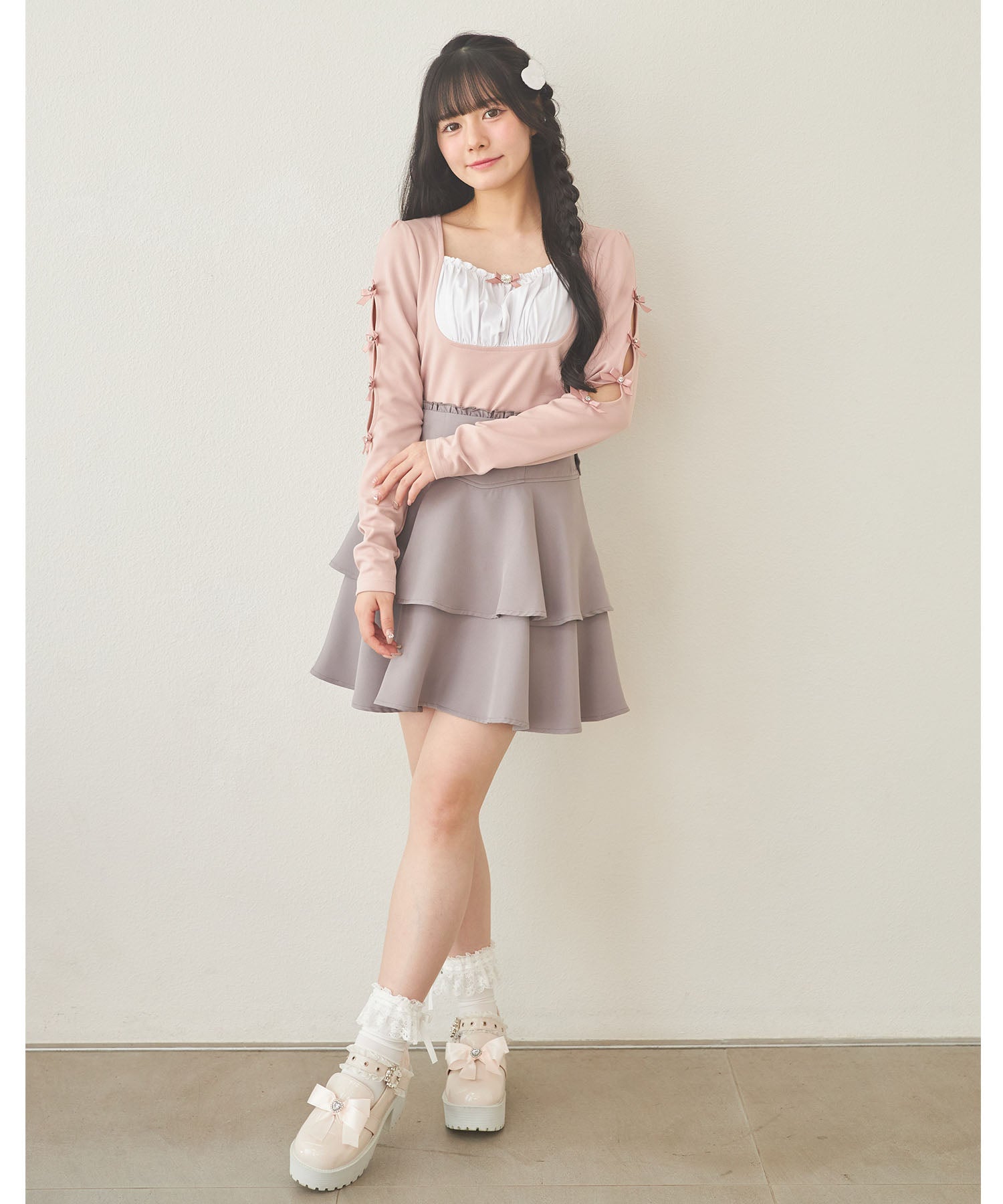 スユン Suyunn 2WAYリボン付きティアードミニスカート グレー