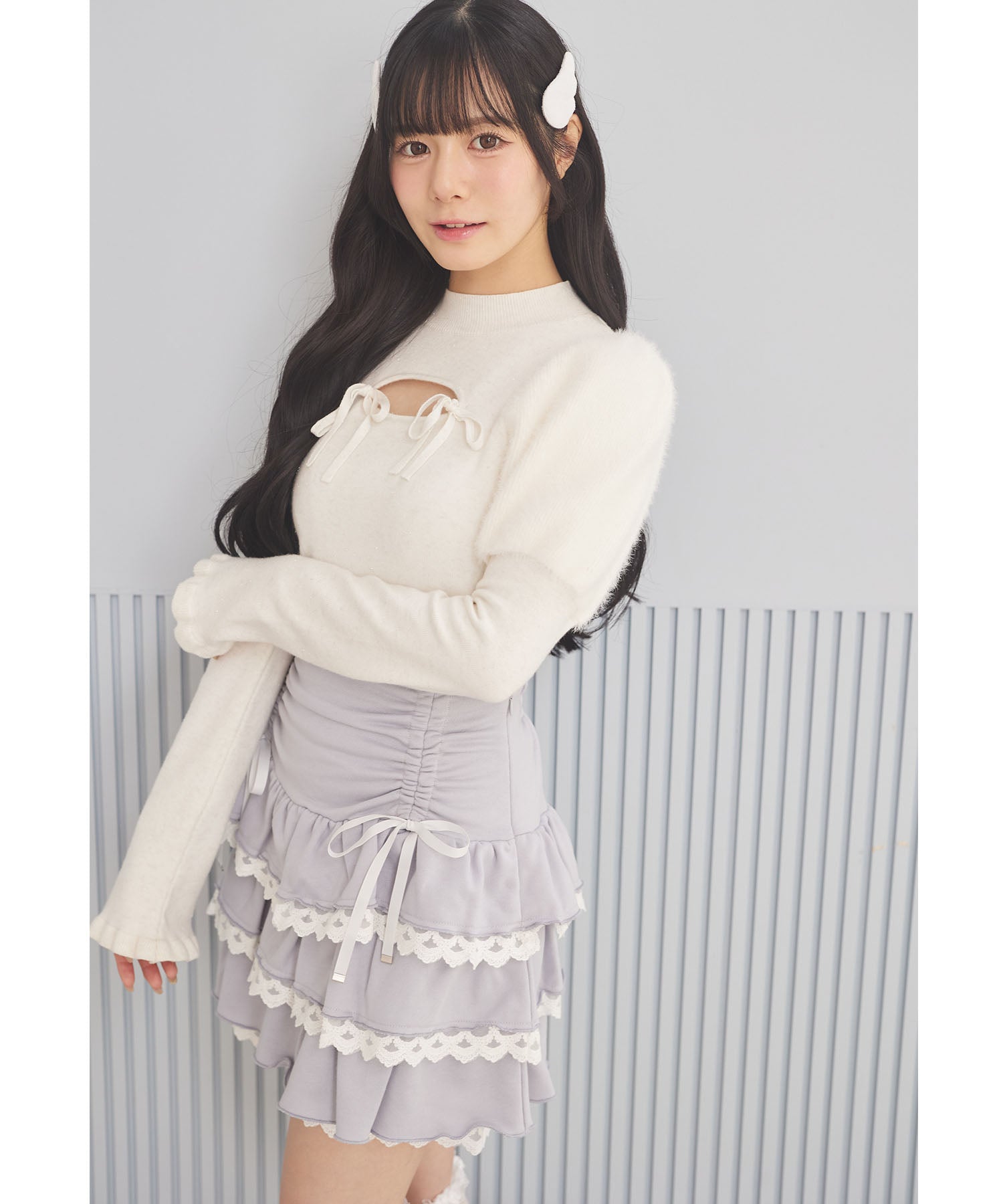 スユン Suyunn リボン付きドロストレースフリルスカート ブルー