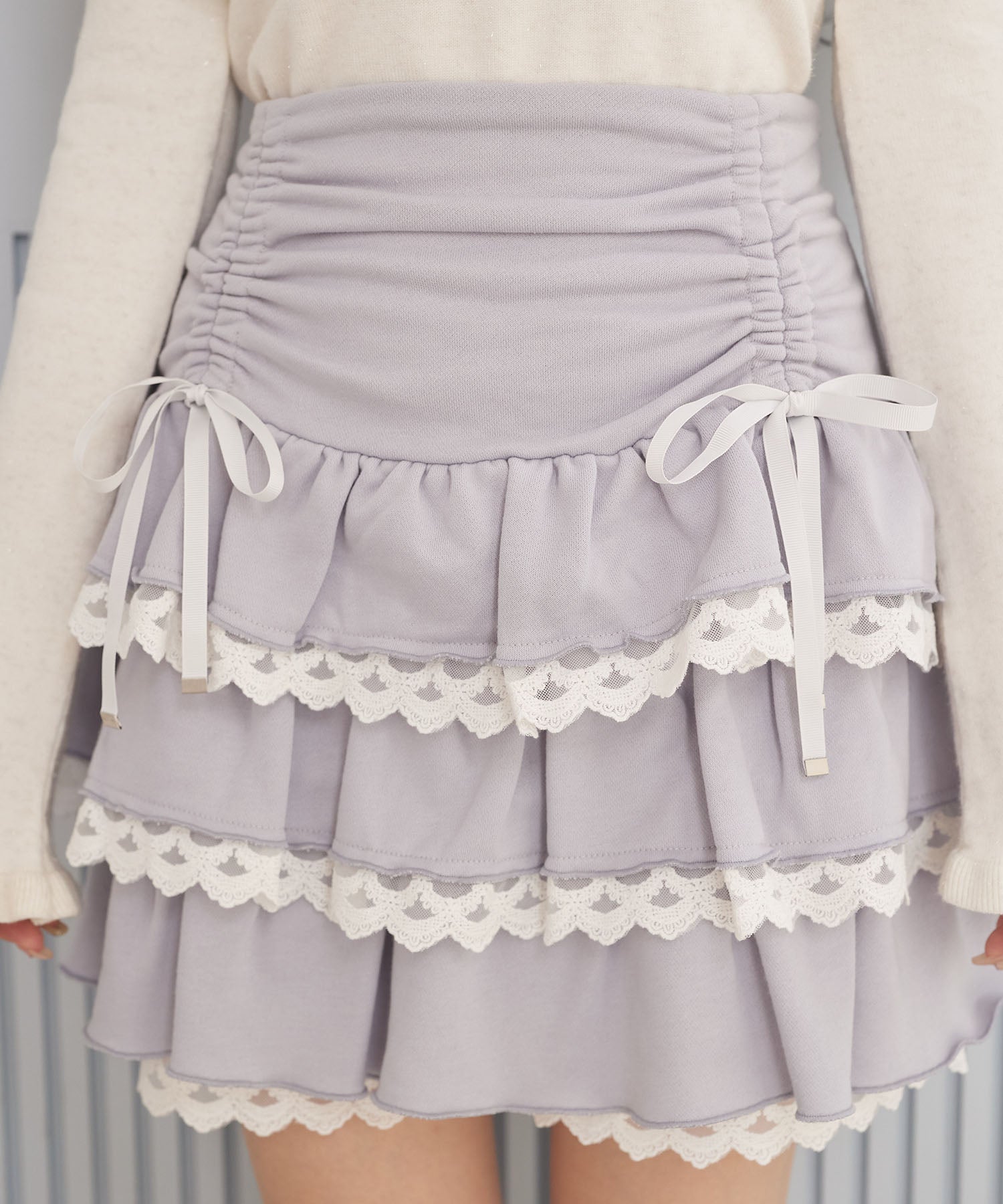 スユン Suyunn リボン付きドロストレースフリルスカート ブルー