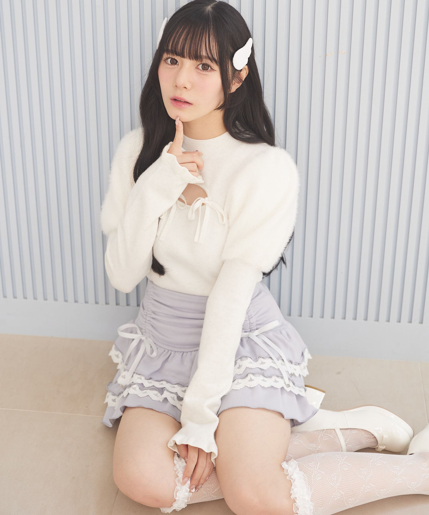 スユン Suyunn リボン付きドロストレースフリルスカート ブルー