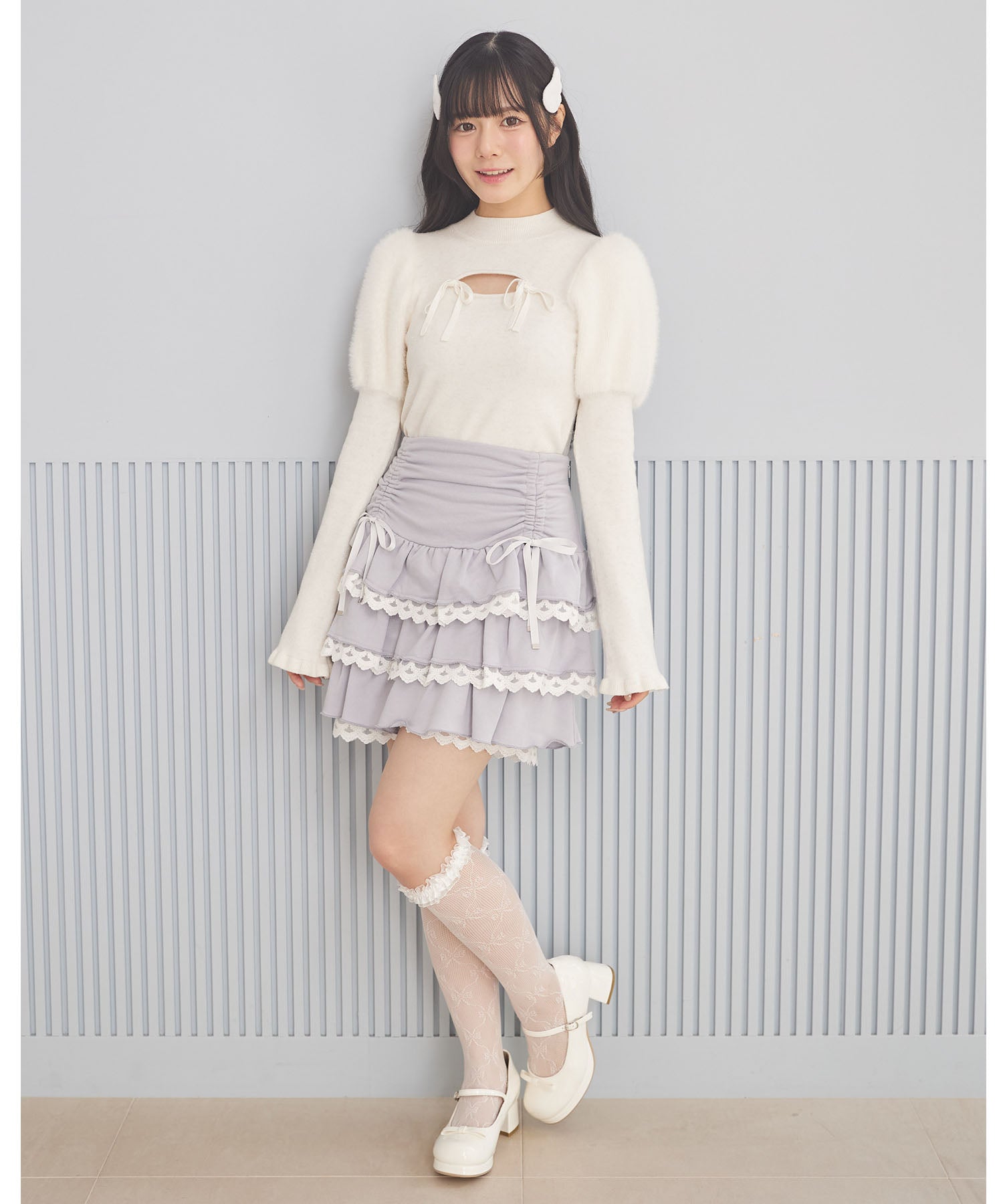 スユン Suyunn リボン付きドロストレースフリルスカート ブルー