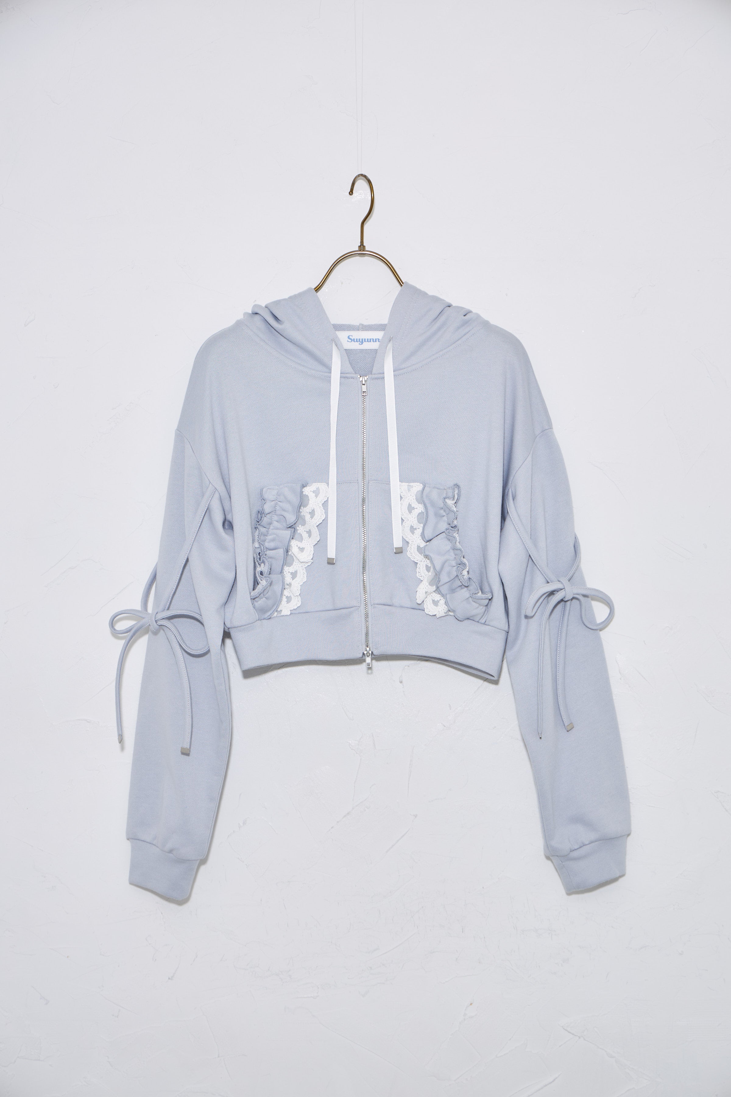スユン Suyunn リボン付きレースフリルパーカー ブルー