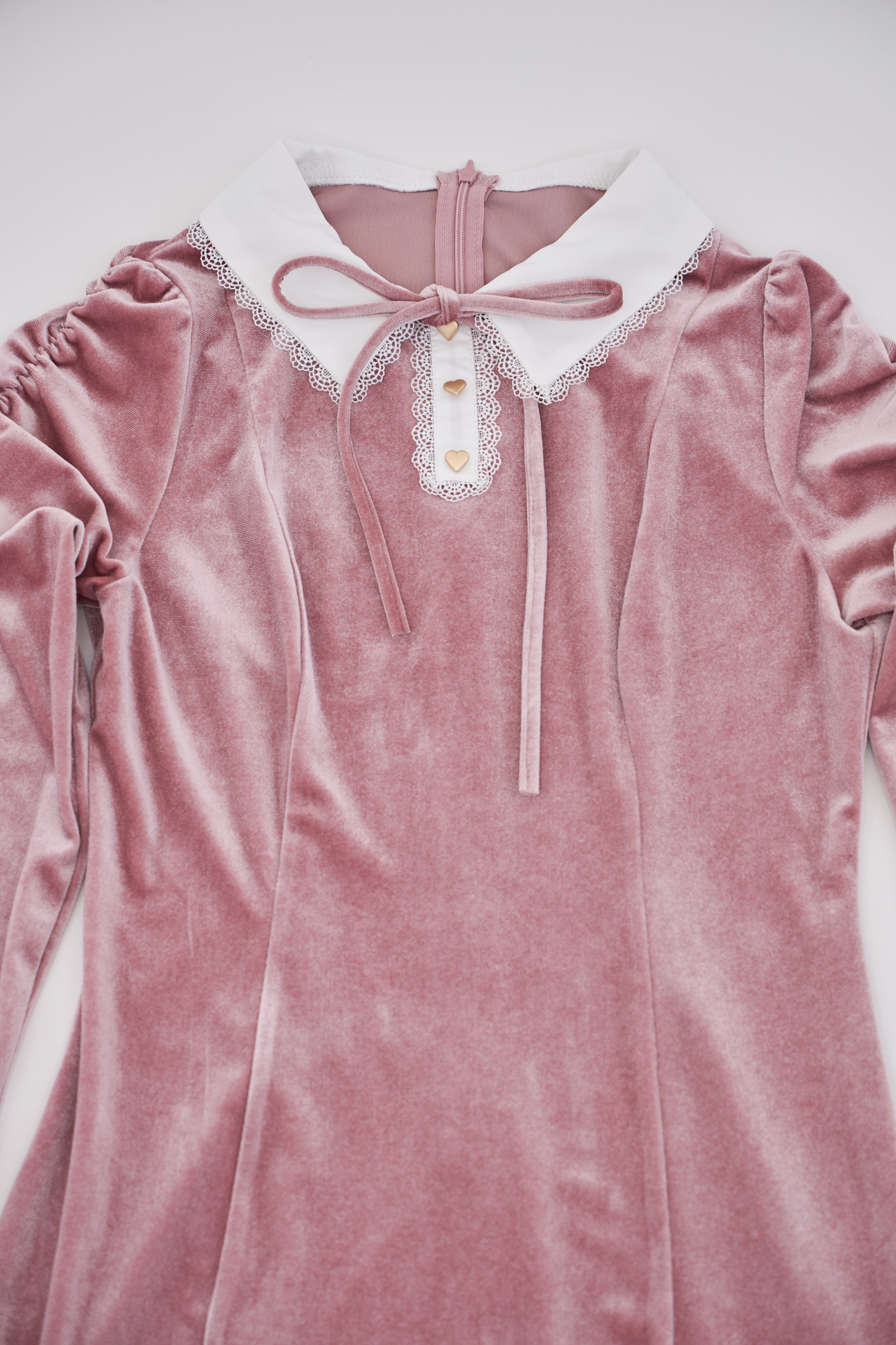 スユン Suyunn リボン付きハート飾り釦レース装飾ベロアワンピース ピンク