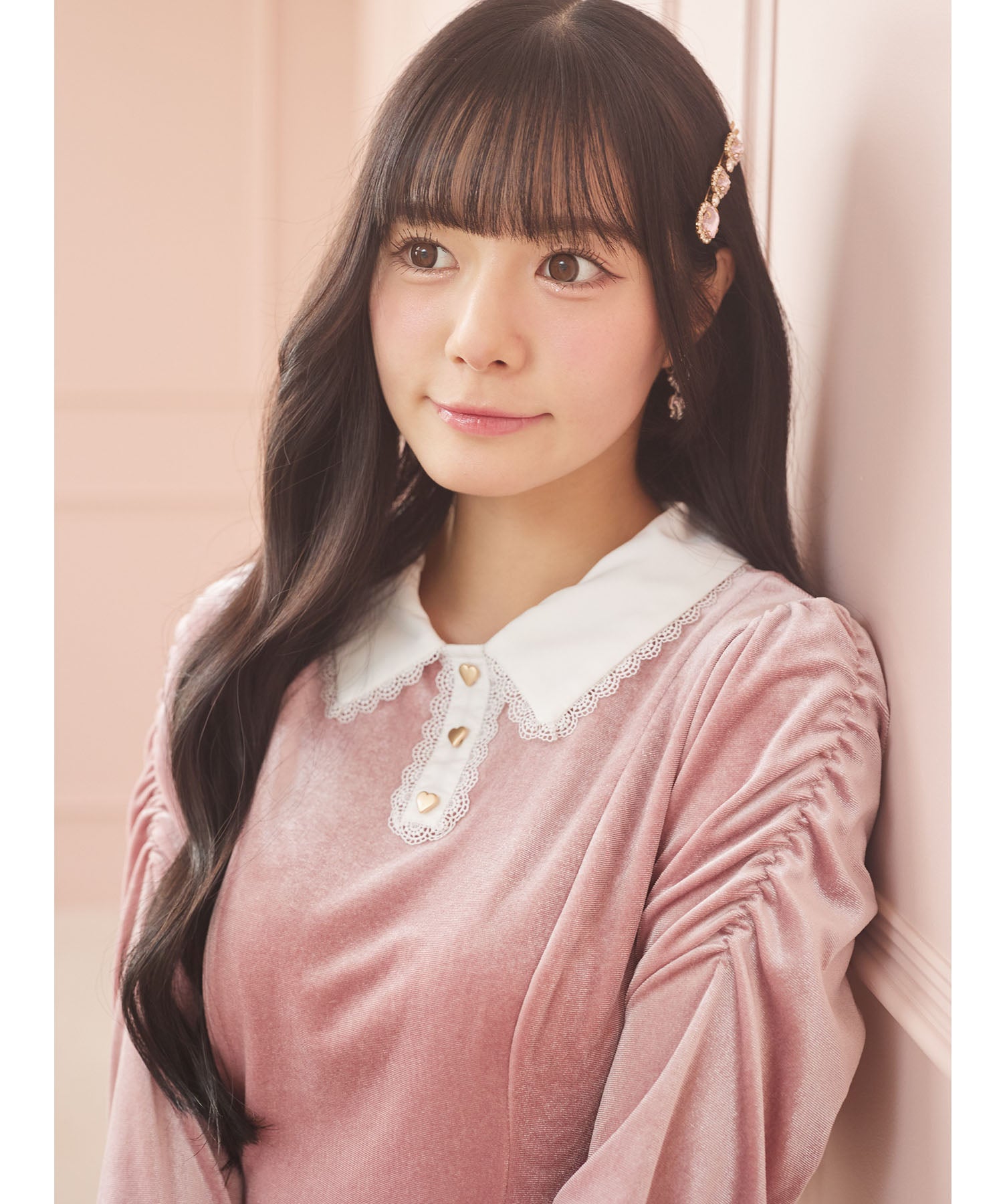 スユン Suyunn リボン付きハート飾り釦レース装飾ベロアワンピース ピンク