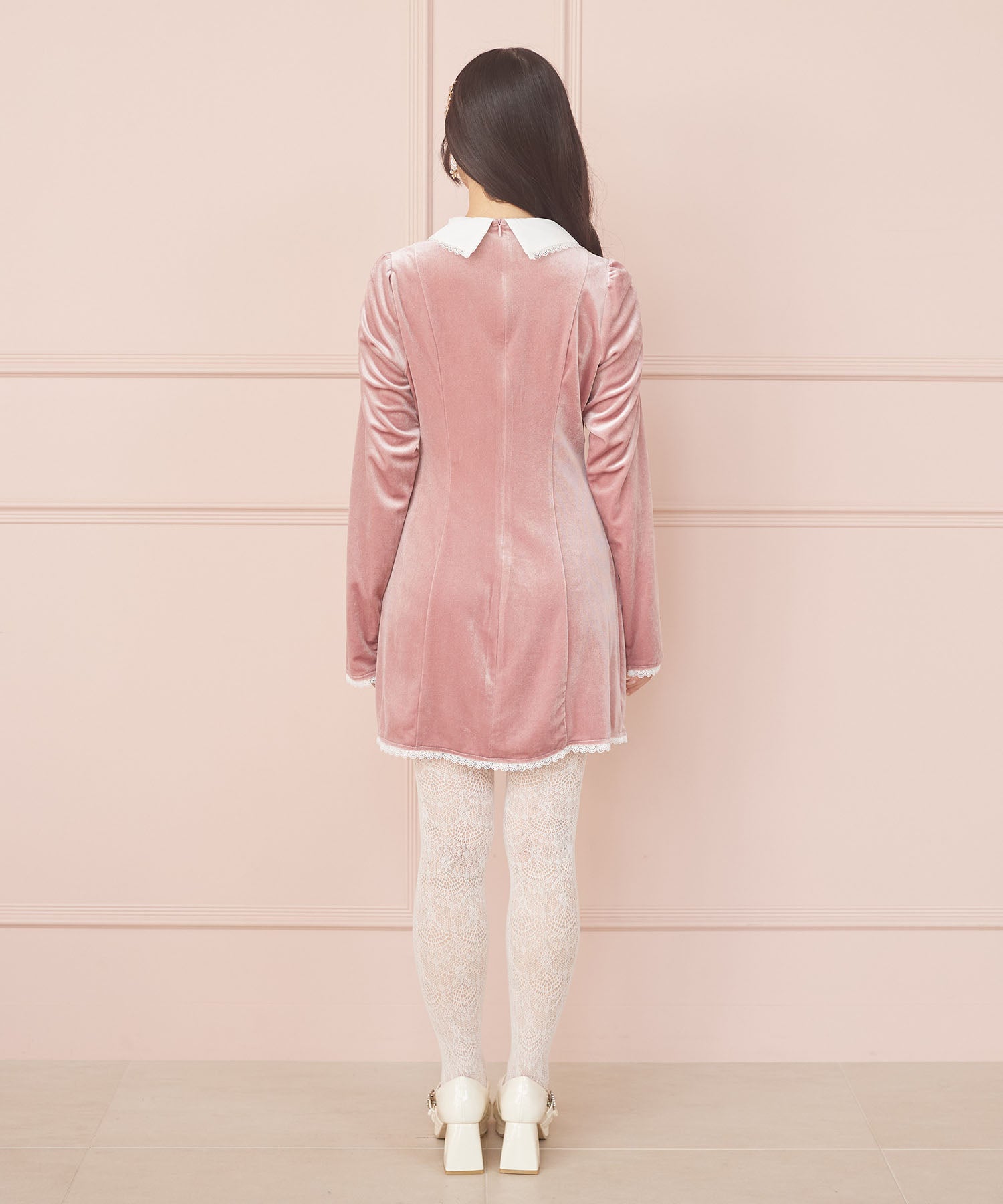 スユン Suyunn リボン付きハート飾り釦レース装飾ベロアワンピース ピンク