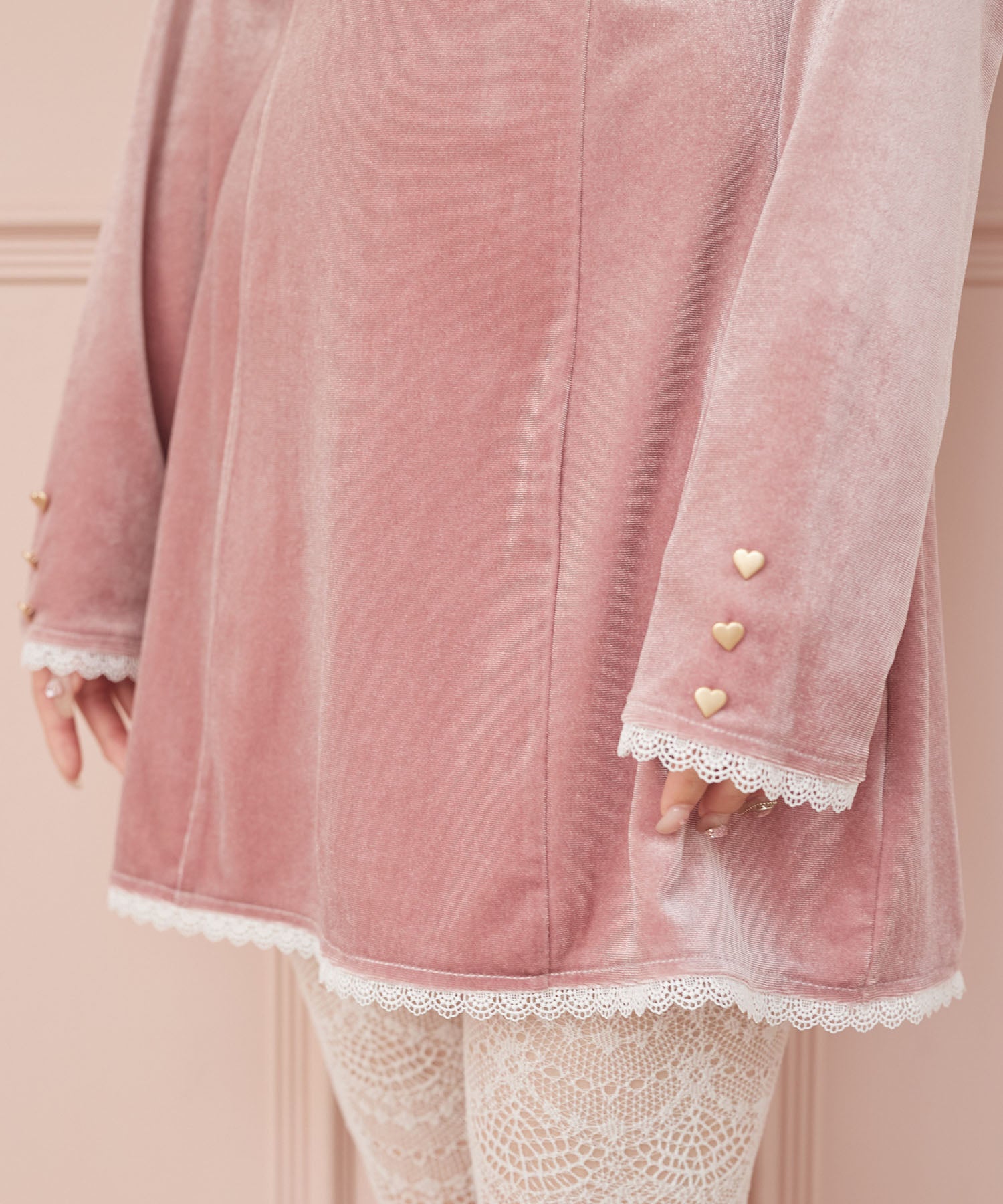 スユン Suyunn リボン付きハート飾り釦レース装飾ベロアワンピース ピンク