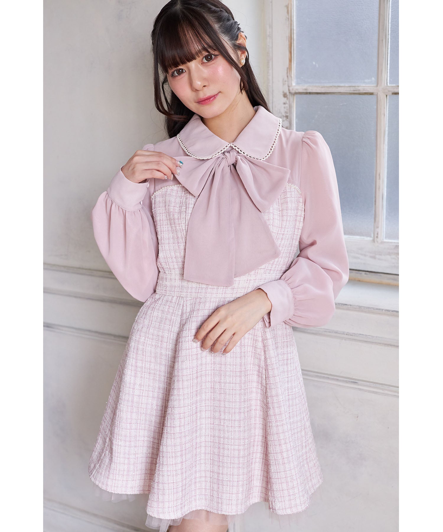 スユン Suyunn 2WAYリボン付きラメツイードドッキングワンピース ピンク