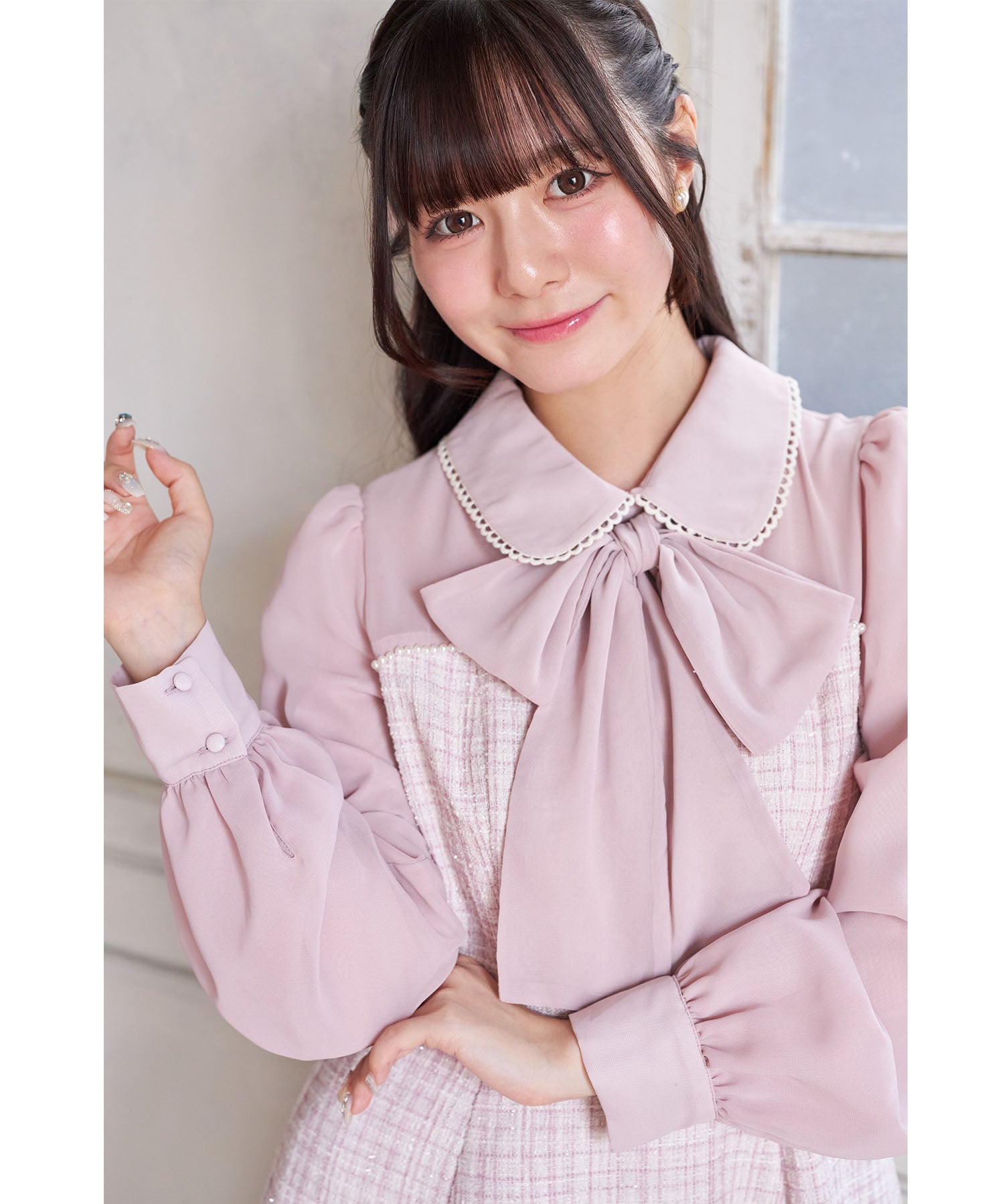 スユン Suyunn 2WAYリボン付きラメツイードドッキングワンピース ピンク