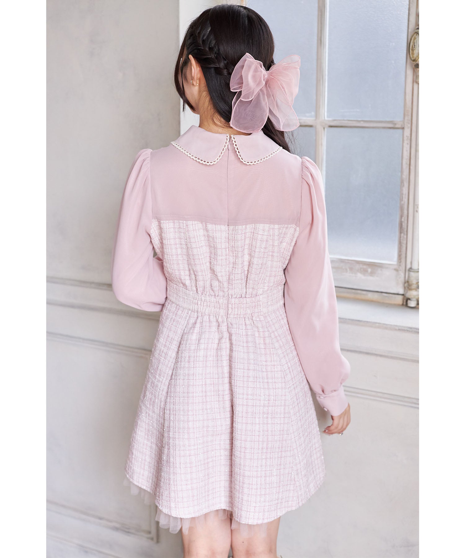 スユン Suyunn 2WAYリボン付きラメツイードドッキングワンピース ピンク