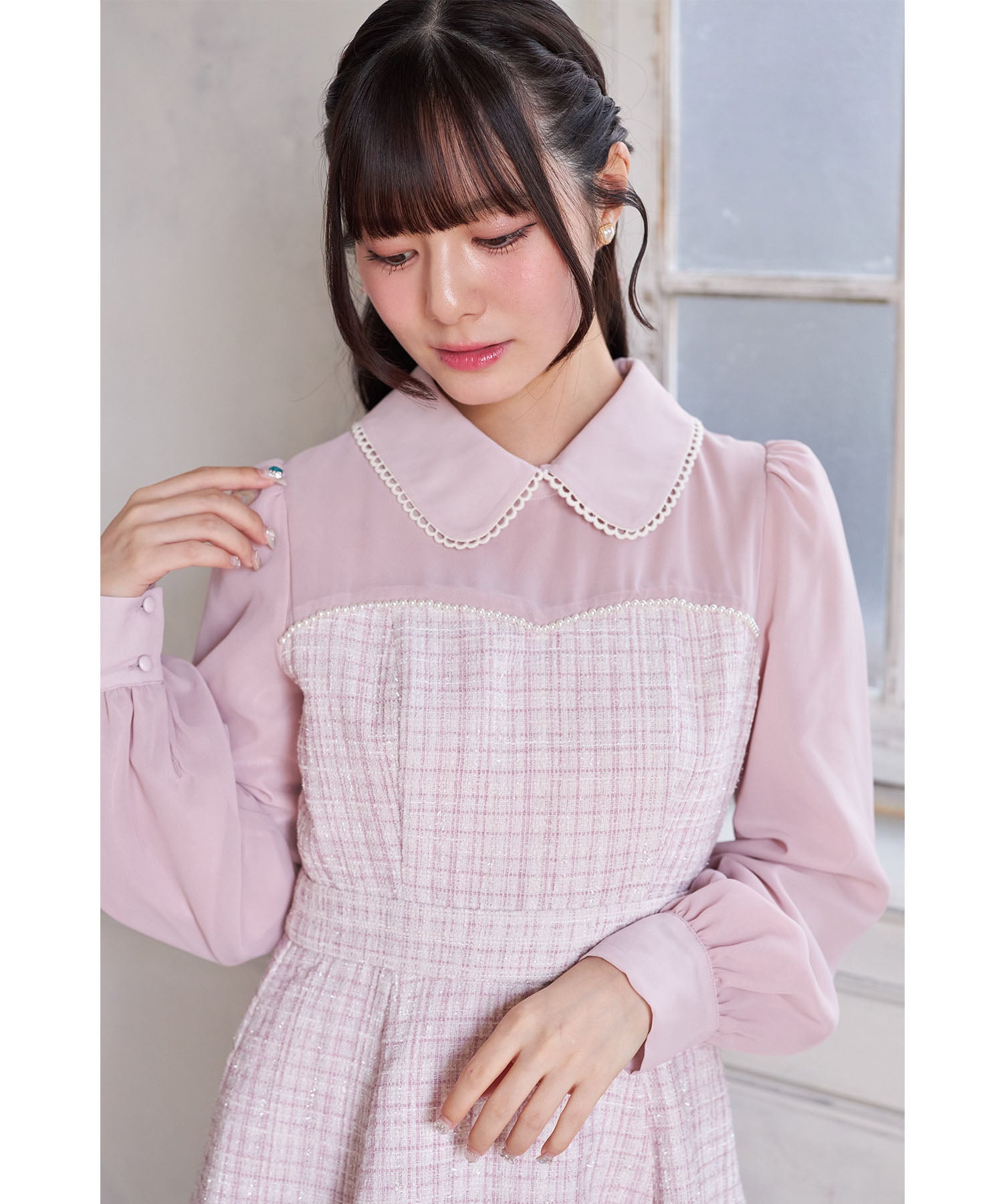 スユン Suyunn 2WAYリボン付きラメツイードドッキングワンピース ピンク