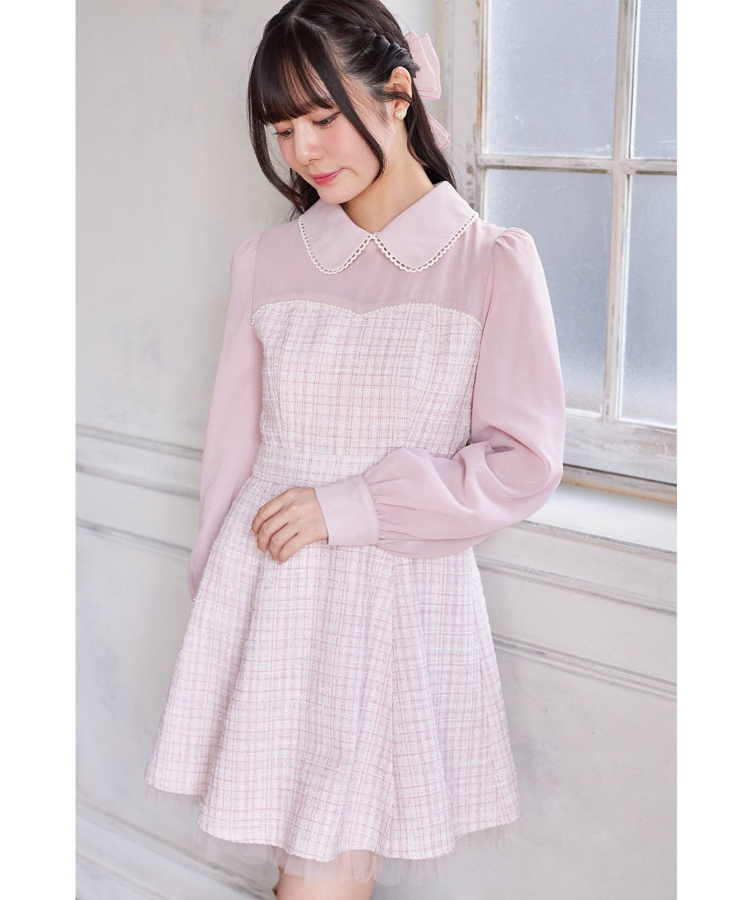 スユン Suyunn 2WAYリボン付きラメツイードドッキングワンピース ピンク