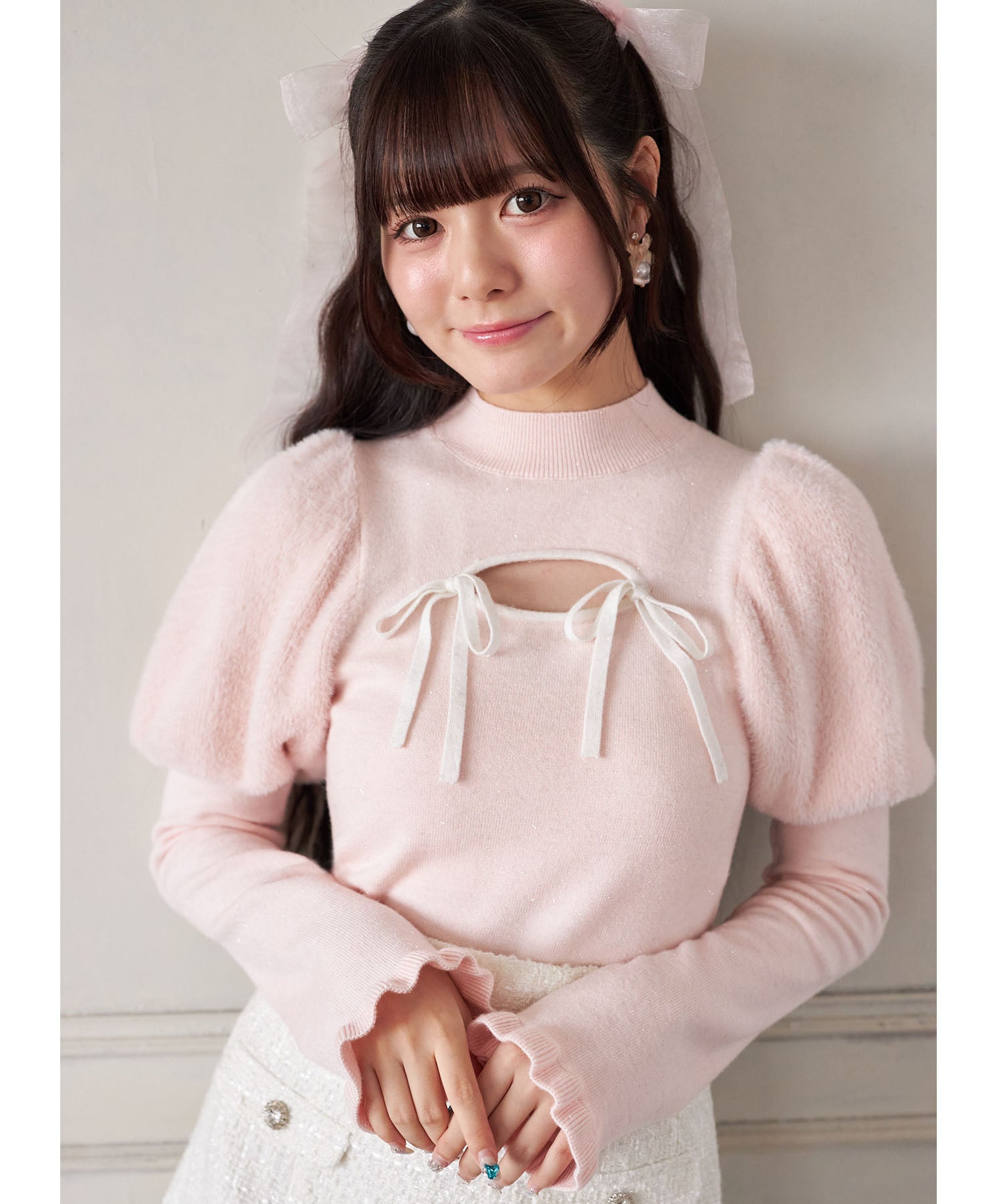 スユン Suyunn リボン付きパフスリーブラメシャギーニットプルオーバー ピンク