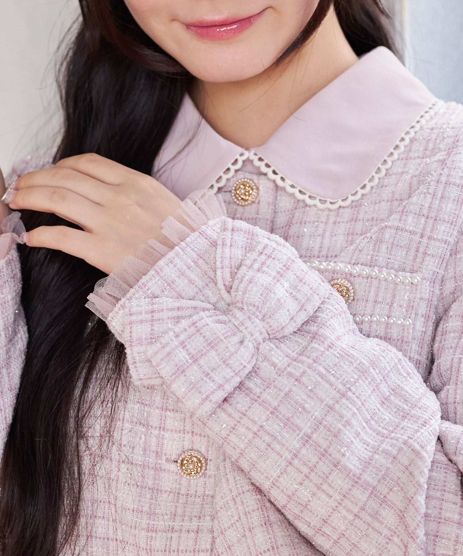 スユン Suyunn 袖口りぼん＆チュールフリル付きラメツイードジャケット ピンク