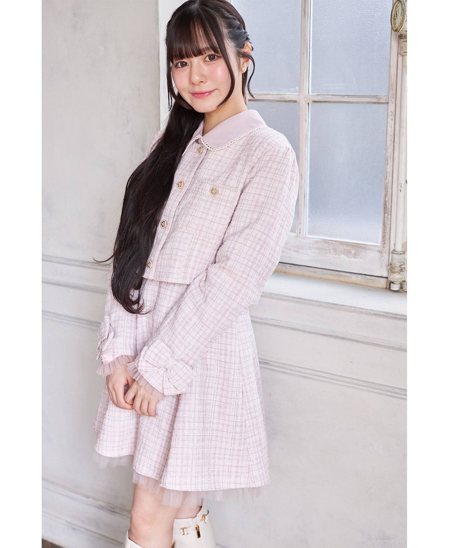 スユン Suyunn 袖口りぼん＆チュールフリル付きラメツイードジャケット ピンク