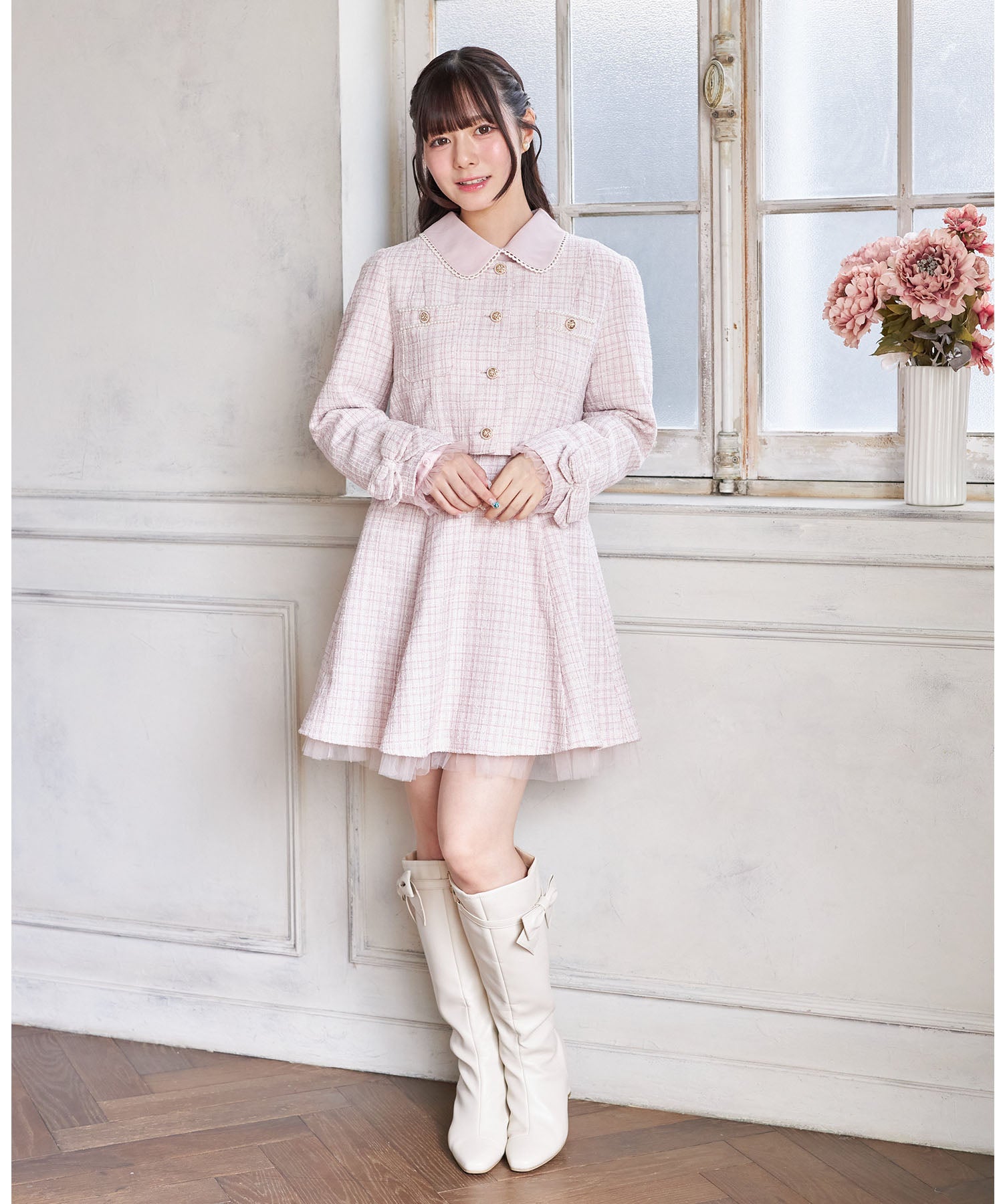 スユン Suyunn 袖口りぼん＆チュールフリル付きラメツイードジャケット ピンク