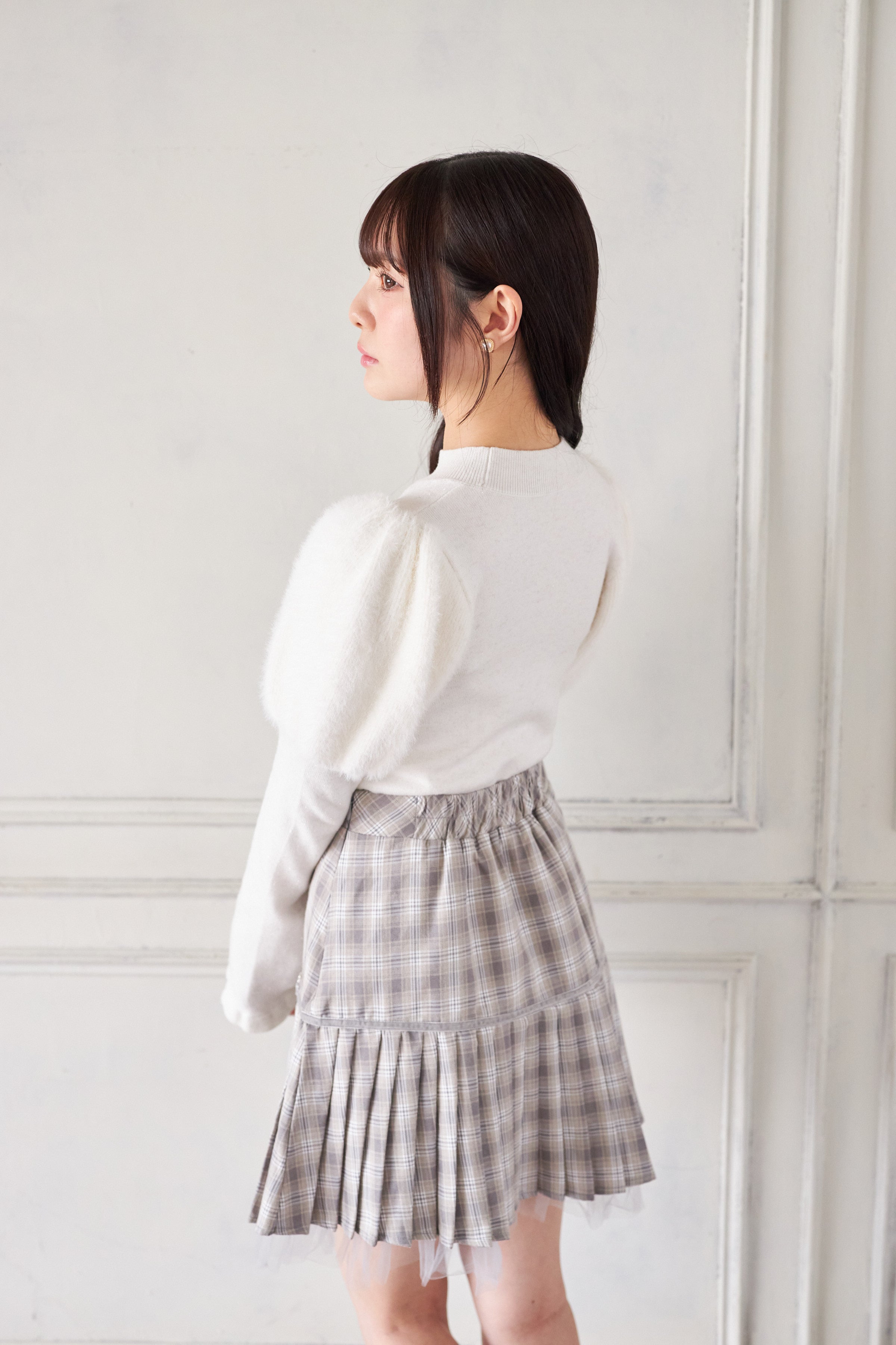 スユン Suyunn 裾チュール付きリボン切り替えチェックプリーツスカート グレー