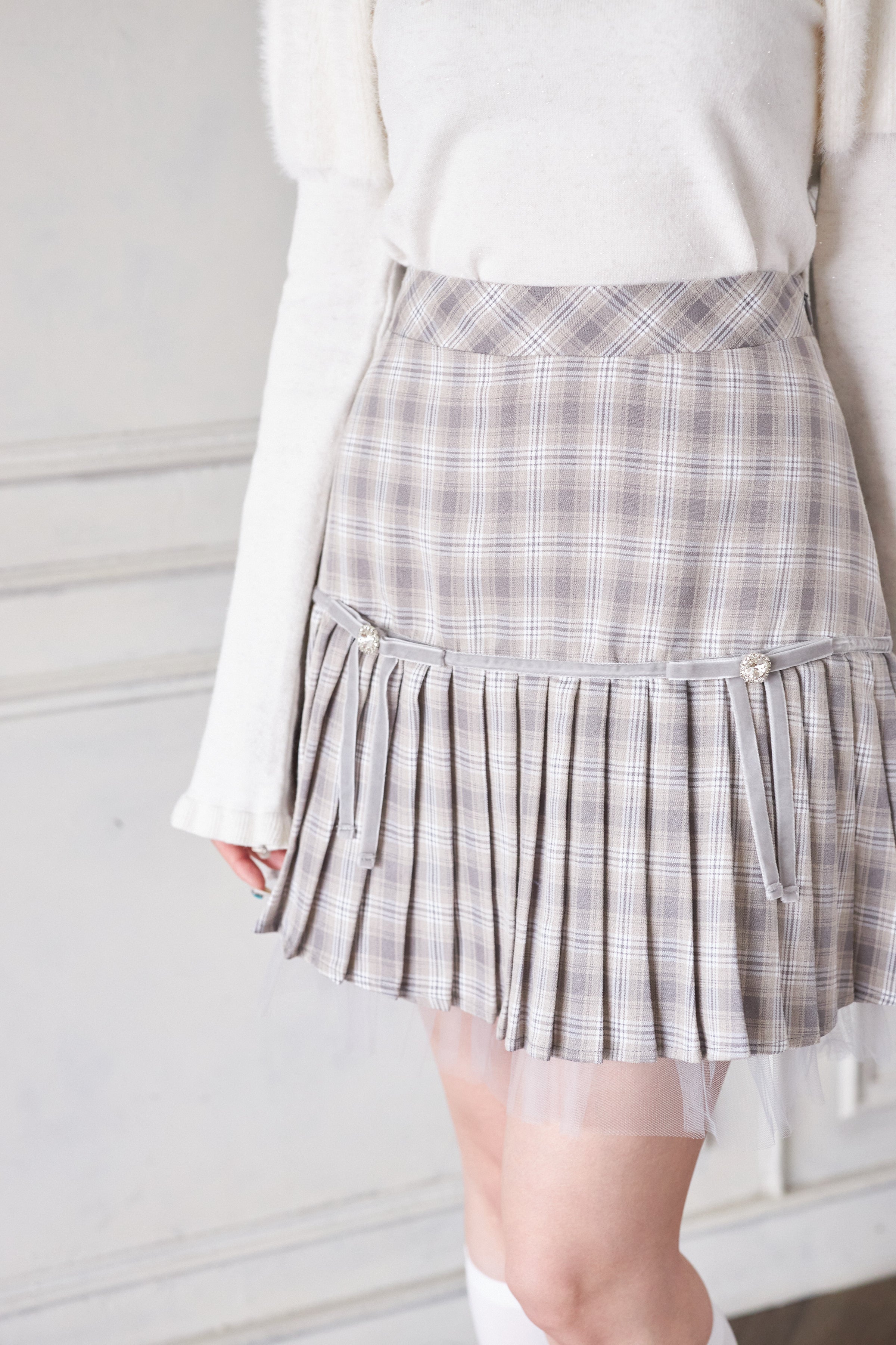 スユン Suyunn 裾チュール付きリボン切り替えチェックプリーツスカート グレー
