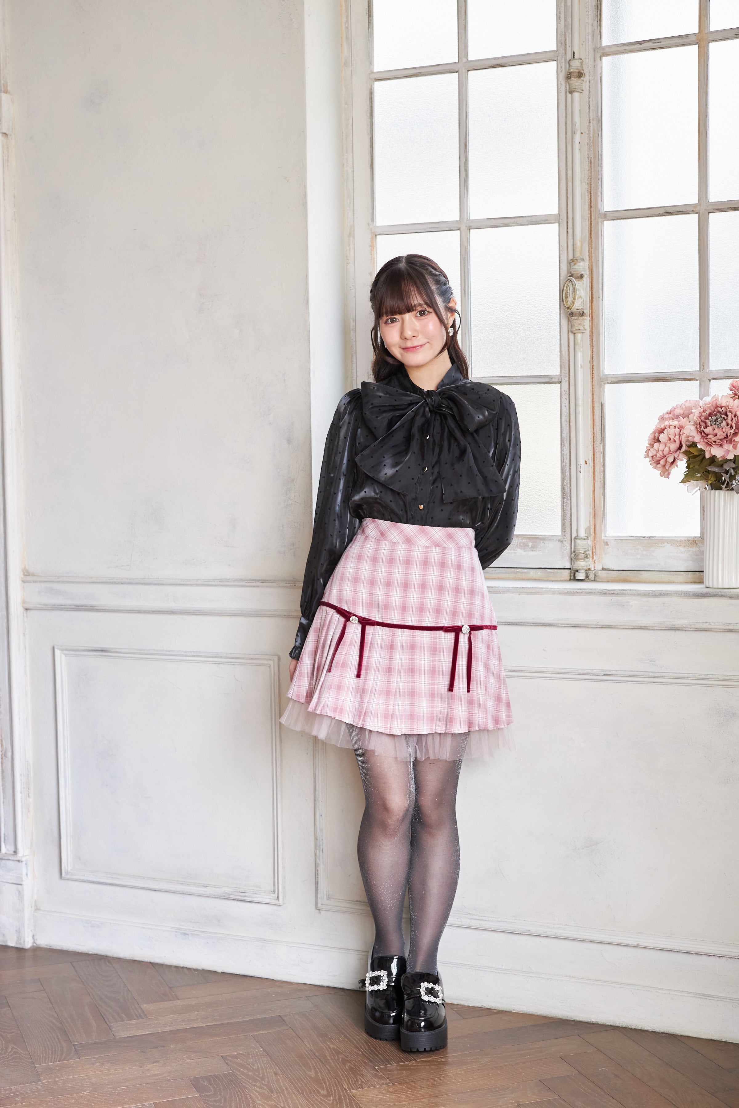 スユン Suyunn 裾チュール付きリボン切り替えチェックプリーツスカート ピンク