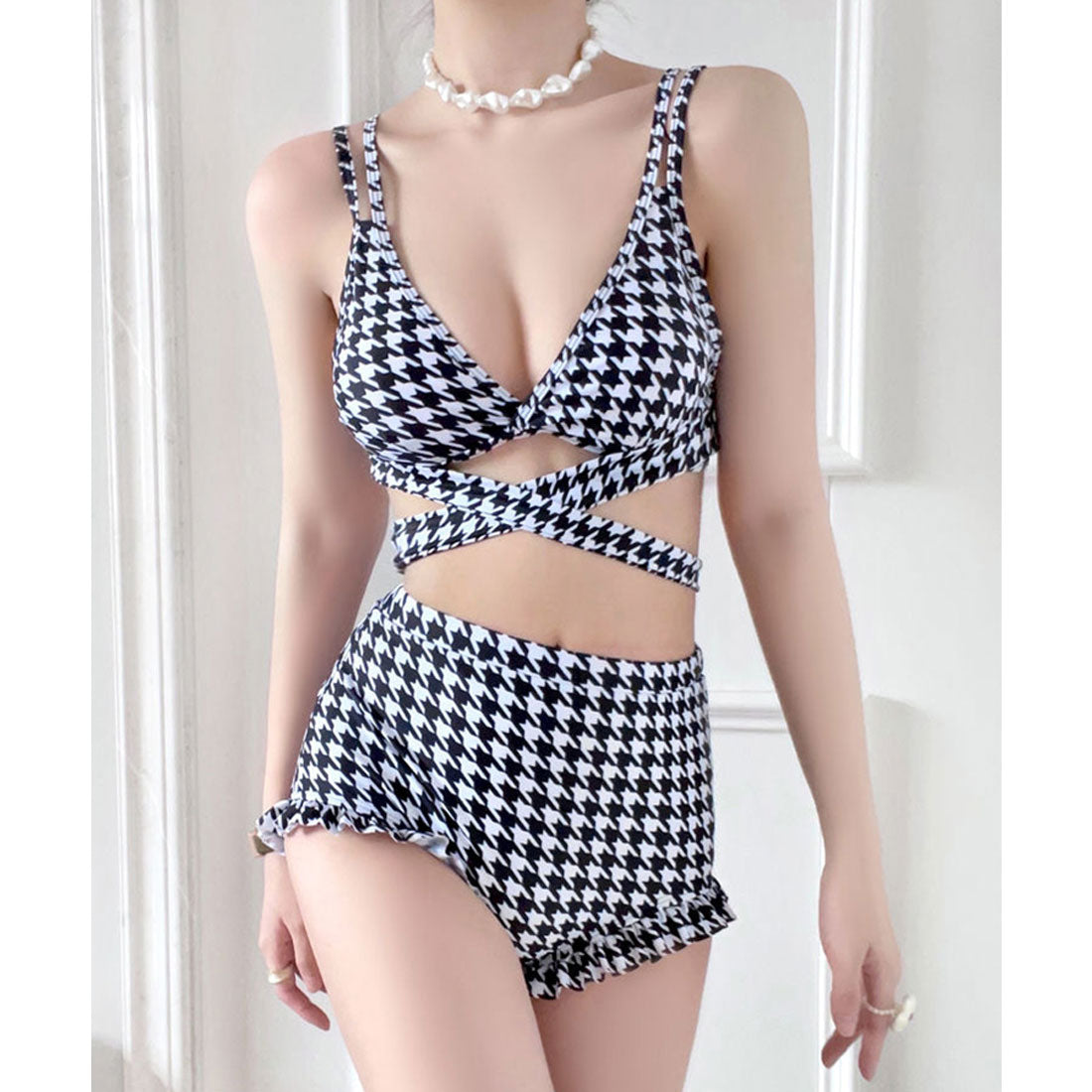 SEU Checkered High Waist Pants Bikini Sexy Ribbon Korean Fashion [Non-returnable item]