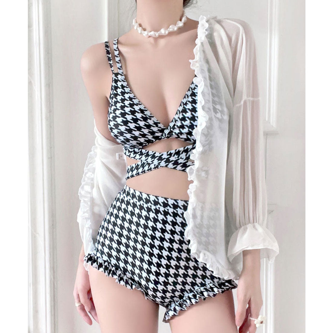 SEU Checkered High Waist Pants Bikini Sexy Ribbon Korean Fashion [Non-returnable item]