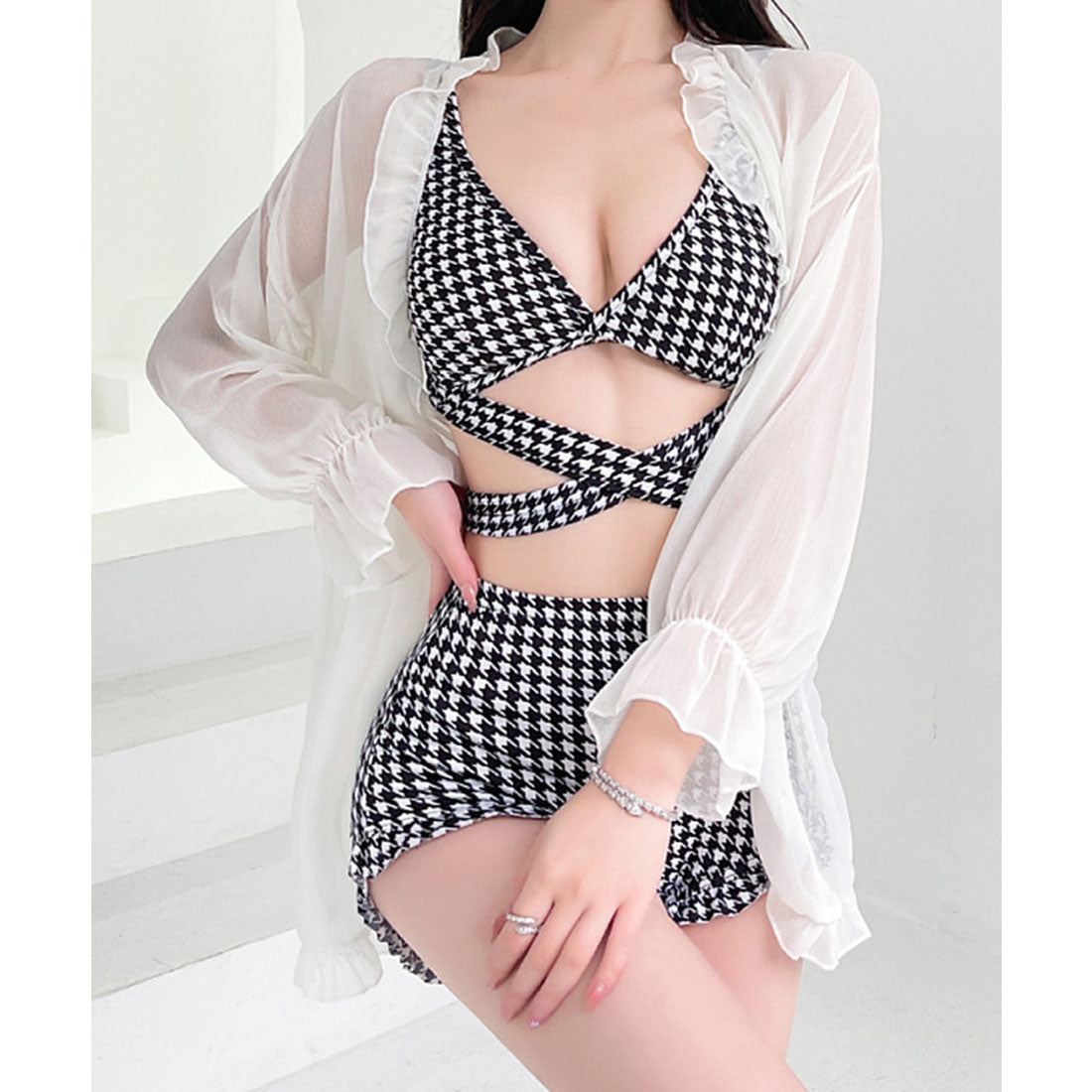 SEU Checkered High Waist Pants Bikini Sexy Ribbon Korean Fashion [Non-returnable item]