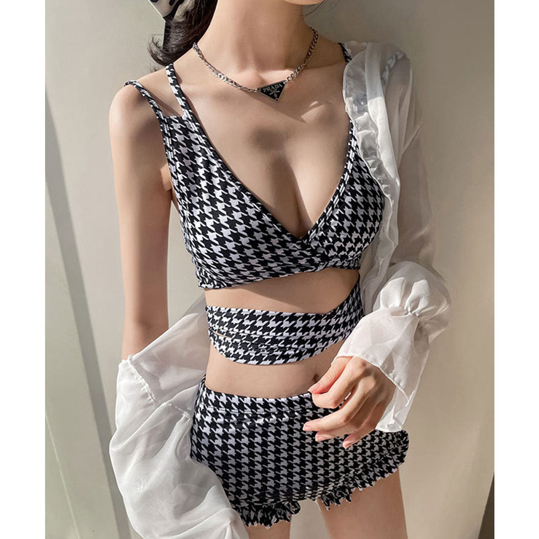 SEU Checkered High Waist Pants Bikini Sexy Ribbon Korean Fashion [Non-returnable item]