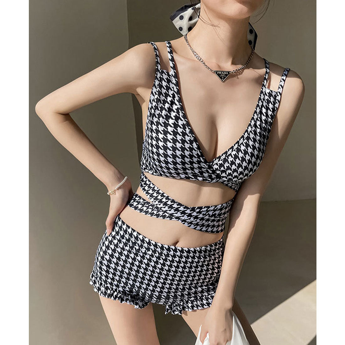 SEU Checkered High Waist Pants Bikini Sexy Ribbon Korean Fashion [Non-returnable item]