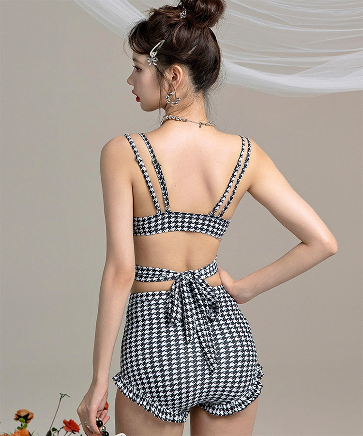 SEU Checkered High Waist Pants Bikini Sexy Ribbon Korean Fashion [Non-returnable item]