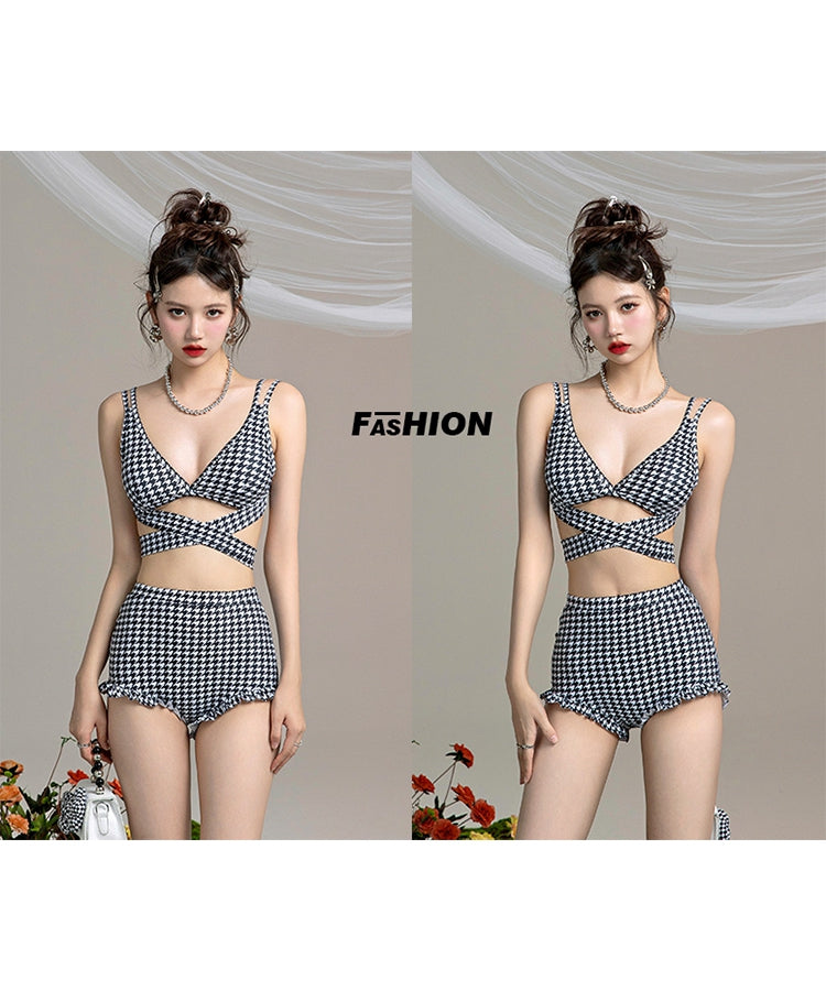 SEU Checkered High Waist Pants Bikini Sexy Ribbon Korean Fashion [Non-returnable item]
