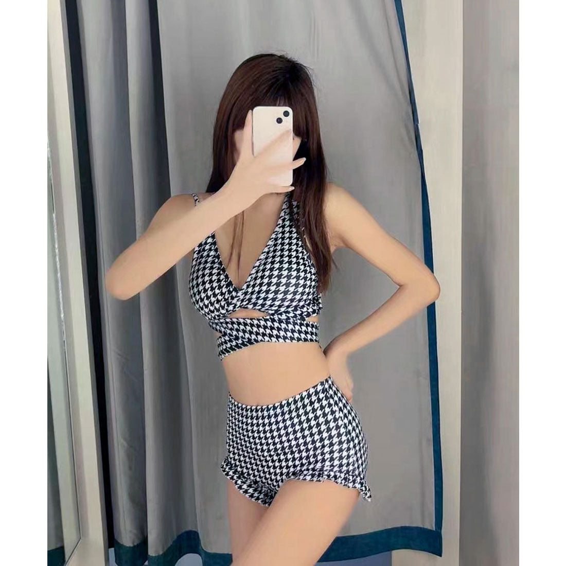 SEU Checkered High Waist Pants Bikini Sexy Ribbon Korean Fashion [Non-returnable item]