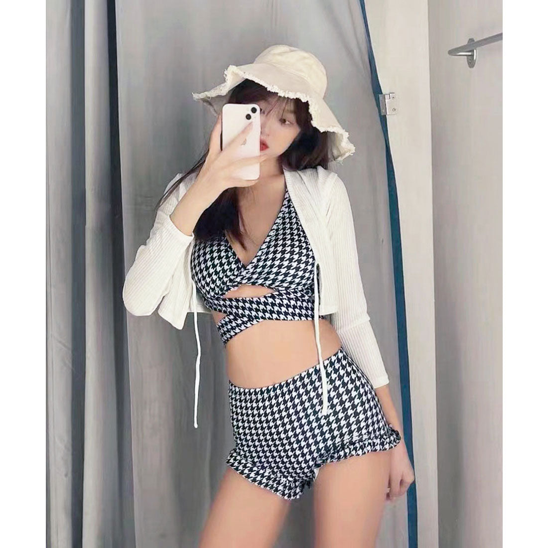 SEU Checkered High Waist Pants Bikini Sexy Ribbon Korean Fashion [Non-returnable item]