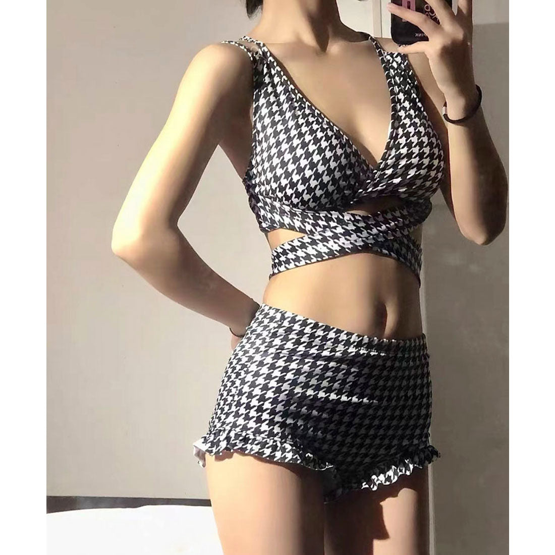 SEU Checkered High Waist Pants Bikini Sexy Ribbon Korean Fashion [Non-returnable item]