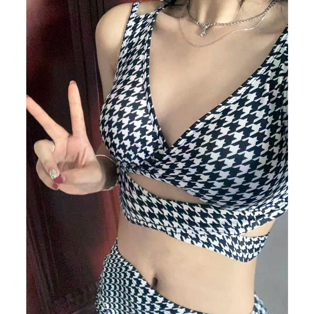 SEU Checkered High Waist Pants Bikini Sexy Ribbon Korean Fashion [Non-returnable item]