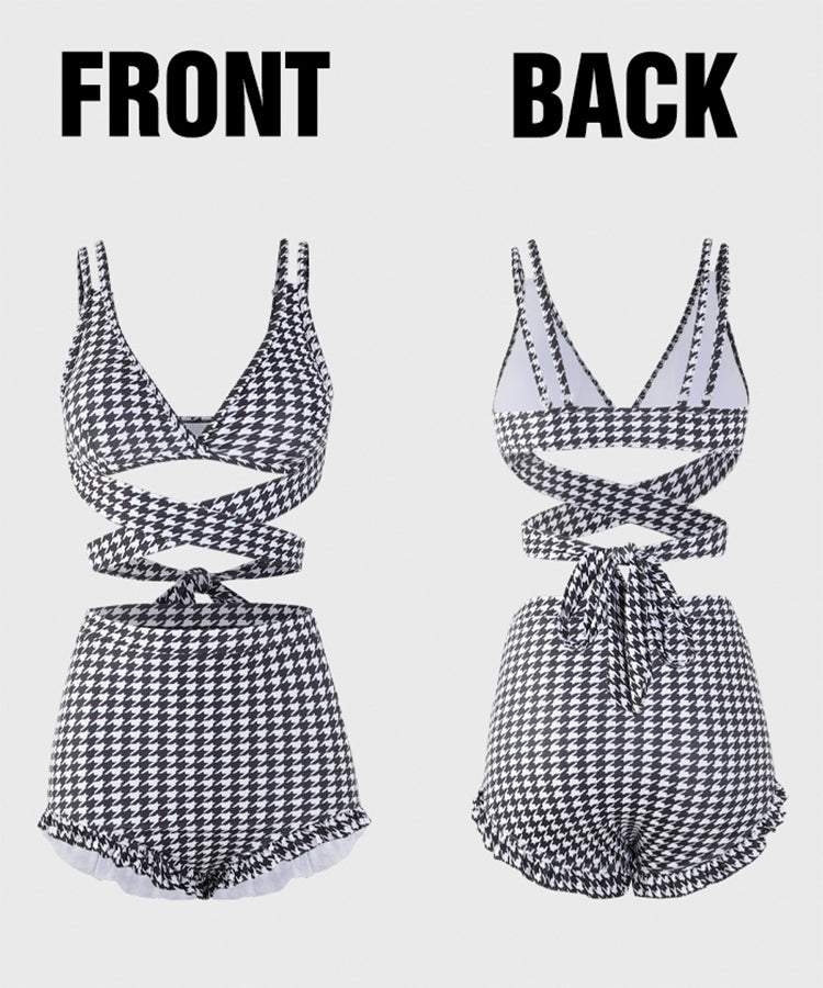 SEU Checkered High Waist Pants Bikini Sexy Ribbon Korean Fashion [Non-returnable item]