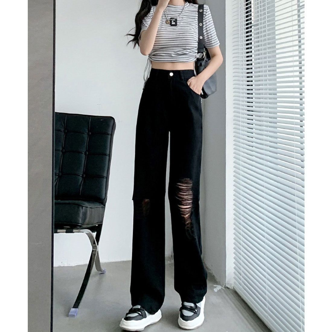 エスイーユー SEU カットダメージワイドデニムパンツ 体型カバー 脚長効果 Y2Kファッション ハイウエストデニム 春夏秋冬 韓国ファッション