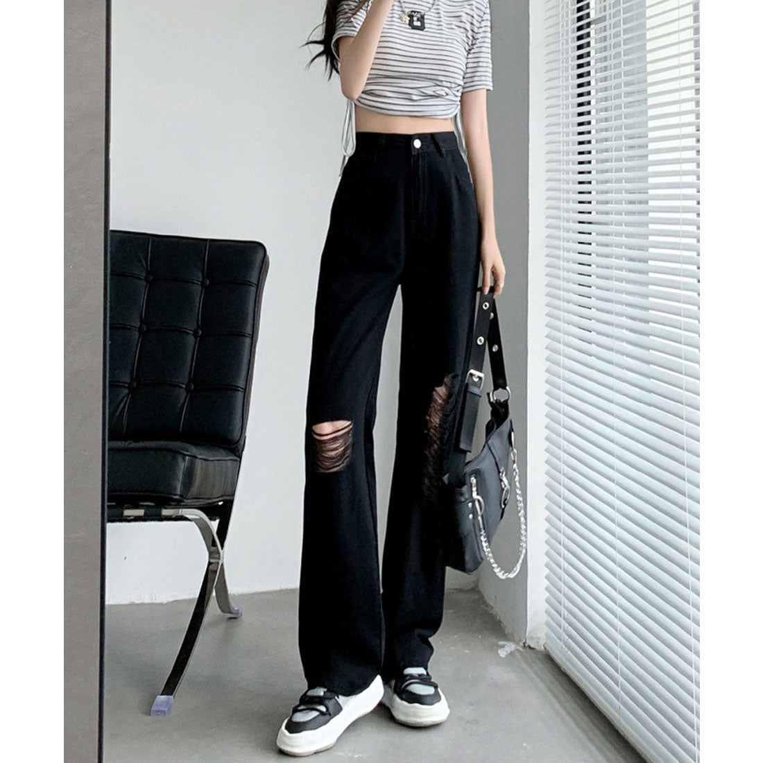エスイーユー SEU カットダメージワイドデニムパンツ 体型カバー 脚長効果 Y2Kファッション ハイウエストデニム 春夏秋冬 韓国ファッション